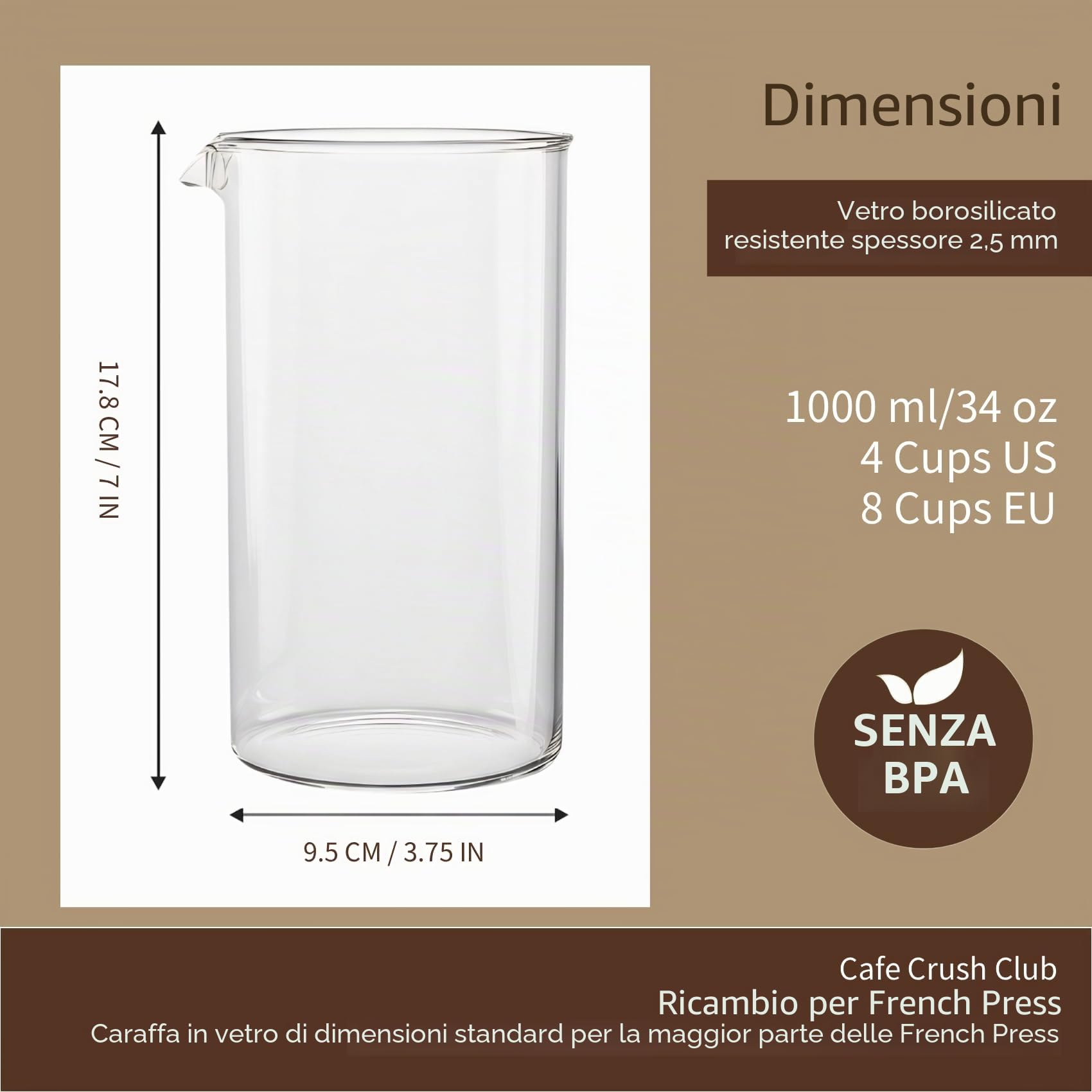 bonVIVO caraffa vetro borosilicato 1 L ricambio french press