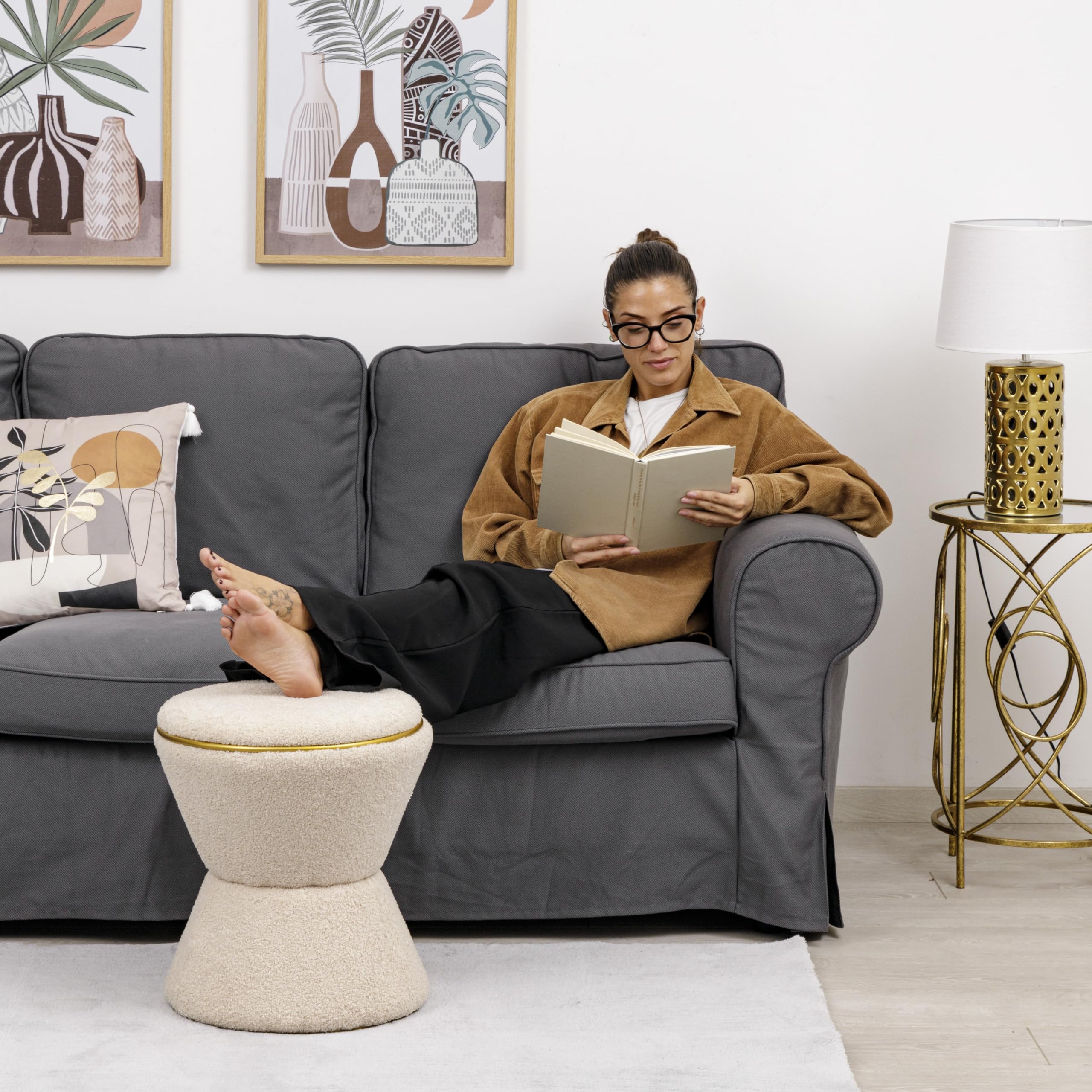 Baroni Home Pouf Poggiapiedi Clessidra Sherpa Beige 37x37x43