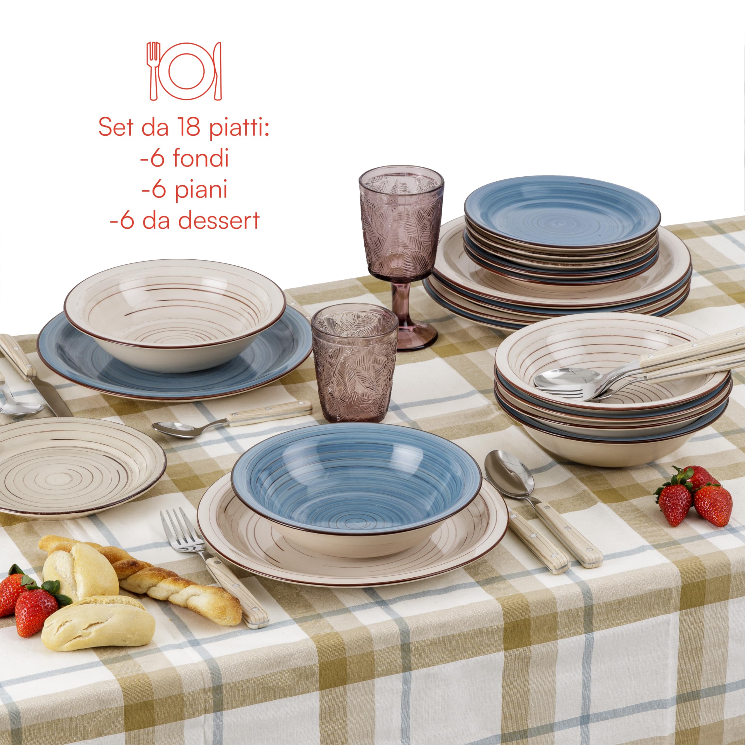 Baroni Home Servizio Piatti 18 Pezzi Ceramica Blue&Grey 6 Persone