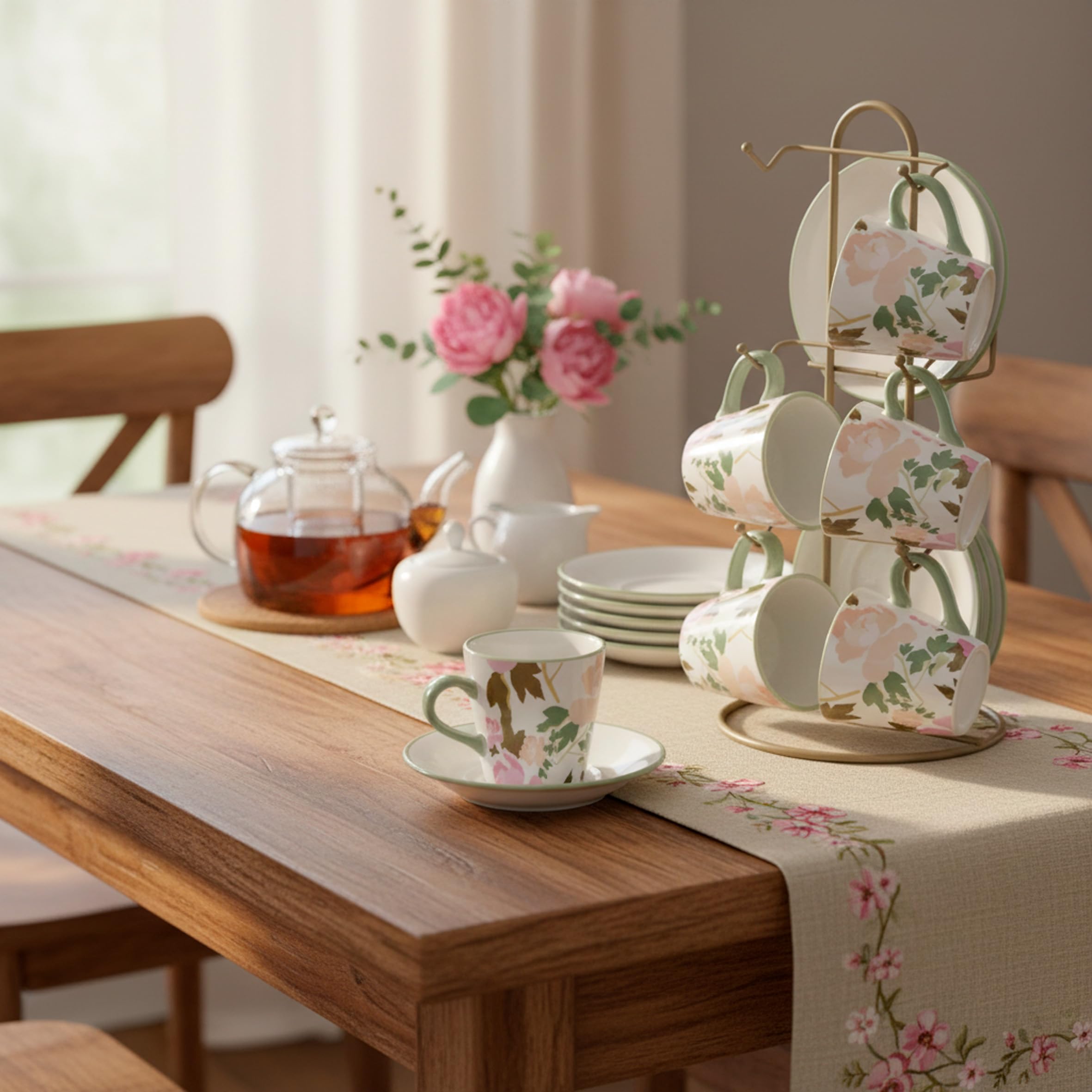 Baroni Home Rose Set Tazzine Ceramica con Stand 15x13x29 cm