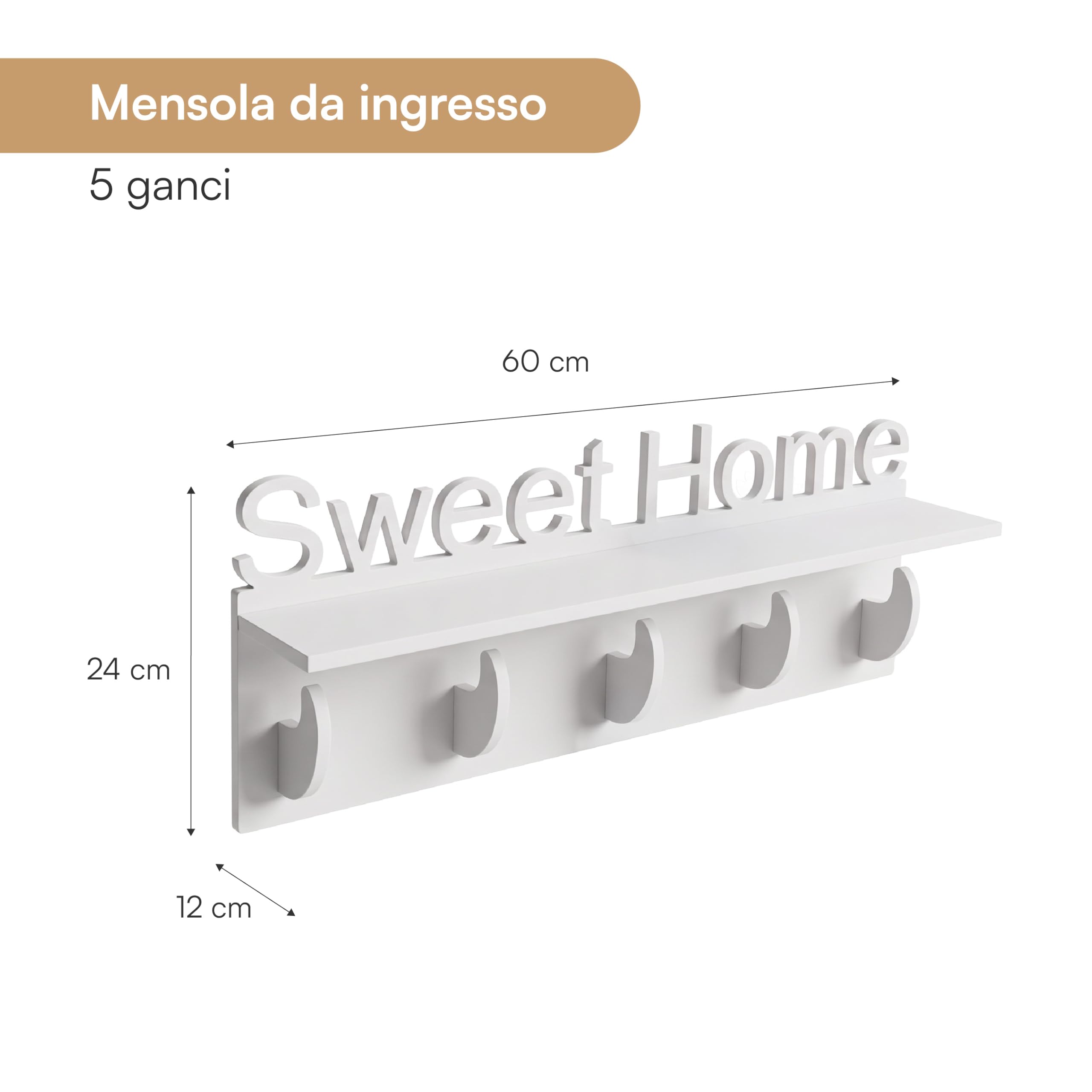 Baroni Home Mensola Sweet Home 60x12x24 cm 1 ripiano 5 ganci