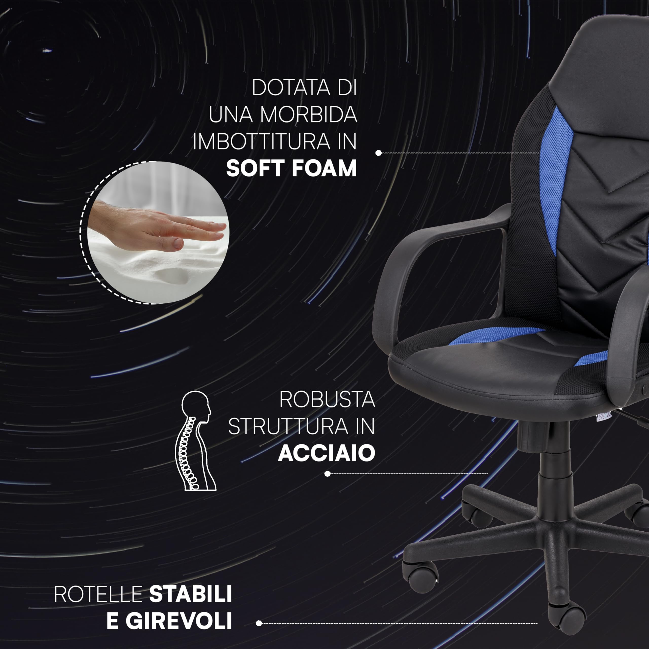 Baroni Home Sedia Gaming Ergonomica Blu Girevole