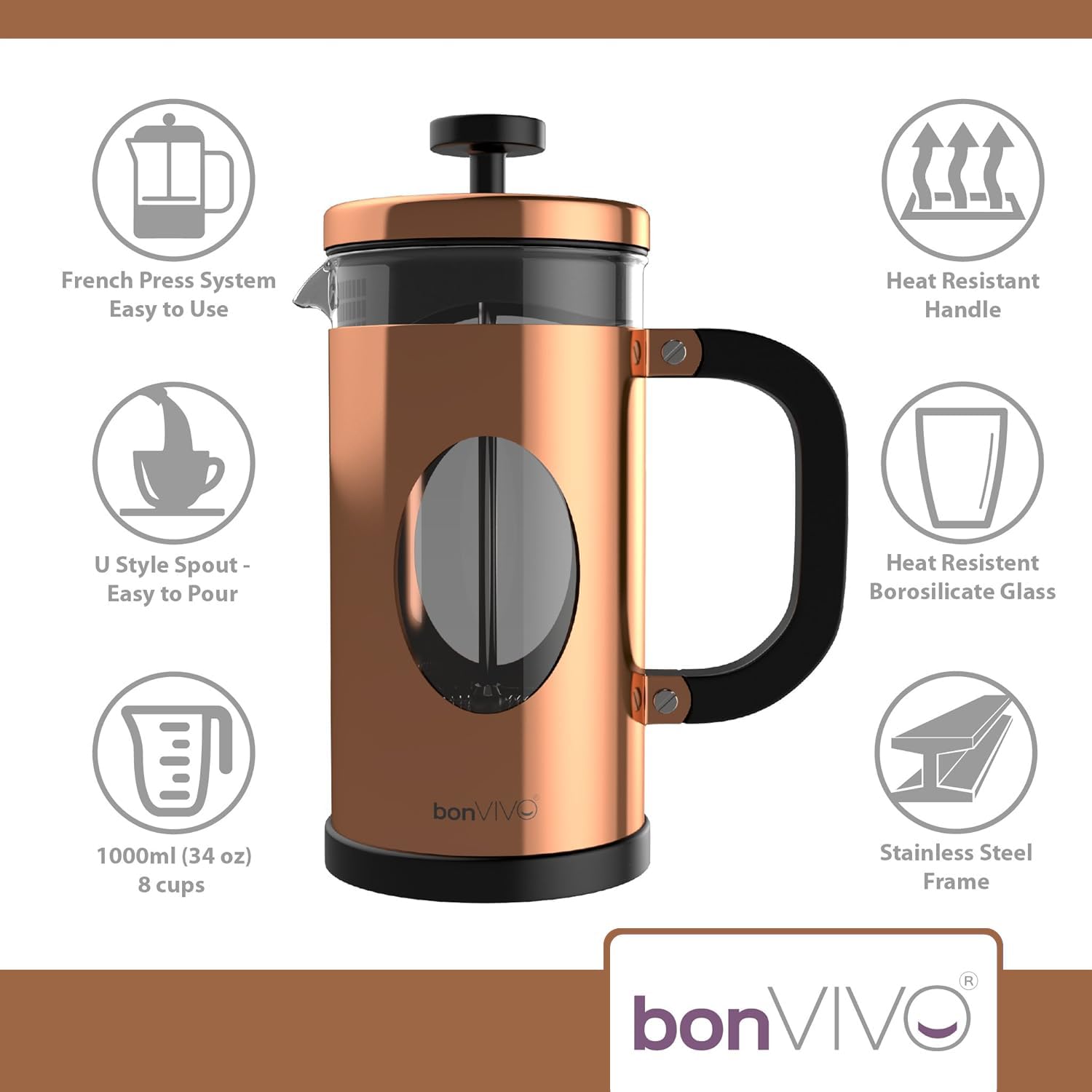 bonVIVO French Press Caffettiera Stantuffo Rame 8 Tazze Vetro