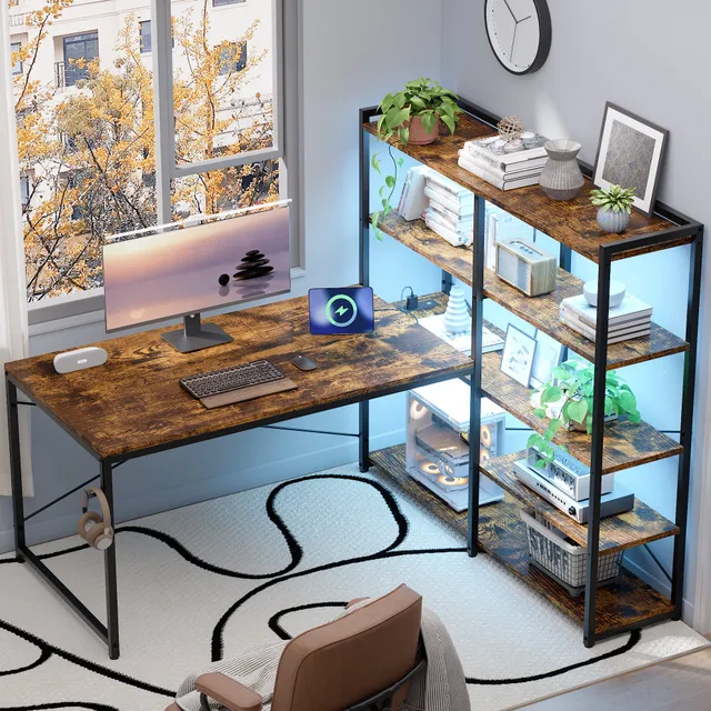 Pamray 49 Pollici Scrivania Angolare Gaming con LED Marrone