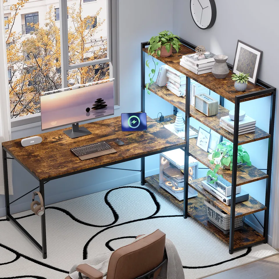 Pamray 49 Pollici Scrivania Angolare Gaming con LED Marrone