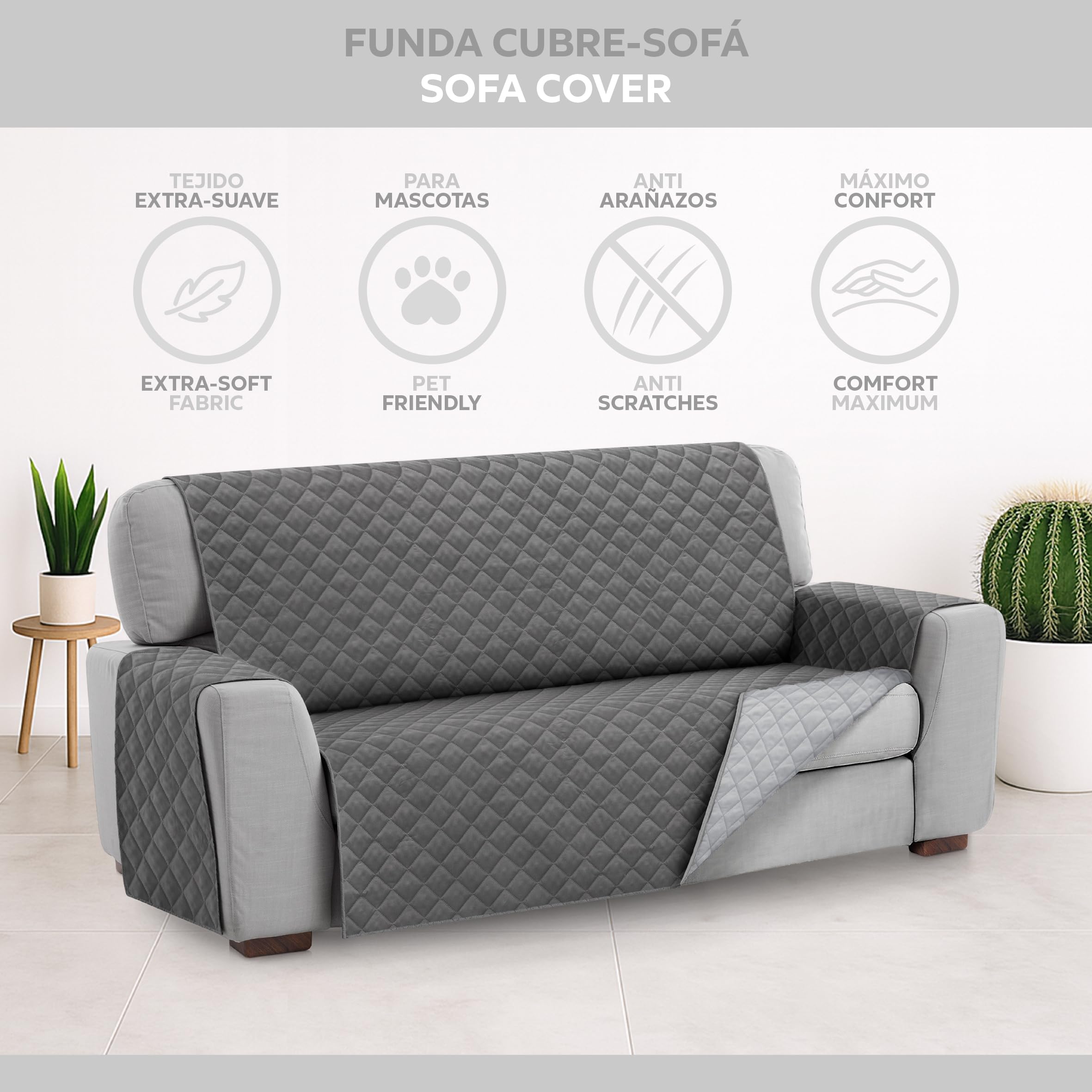 Textilhome Malu Copridivano 3 Posti 160 cm Grigio Imbottito
