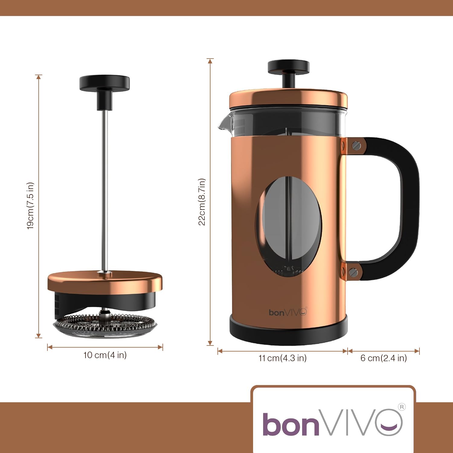 bonVIVO French Press Caffettiera Stantuffo Rame 8 Tazze Vetro