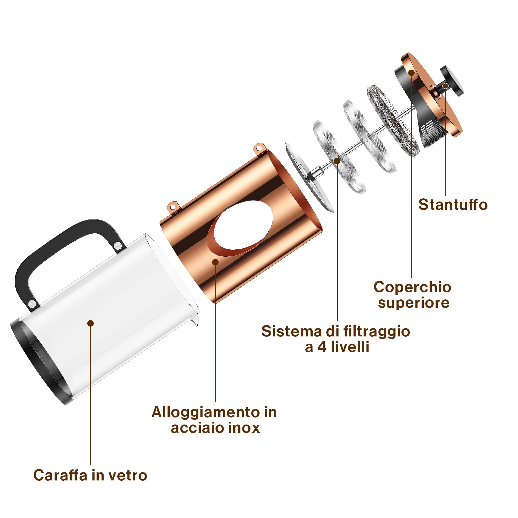 bonVIVO French Press Caffettiera Stantuffo Rame 8 Tazze Vetro