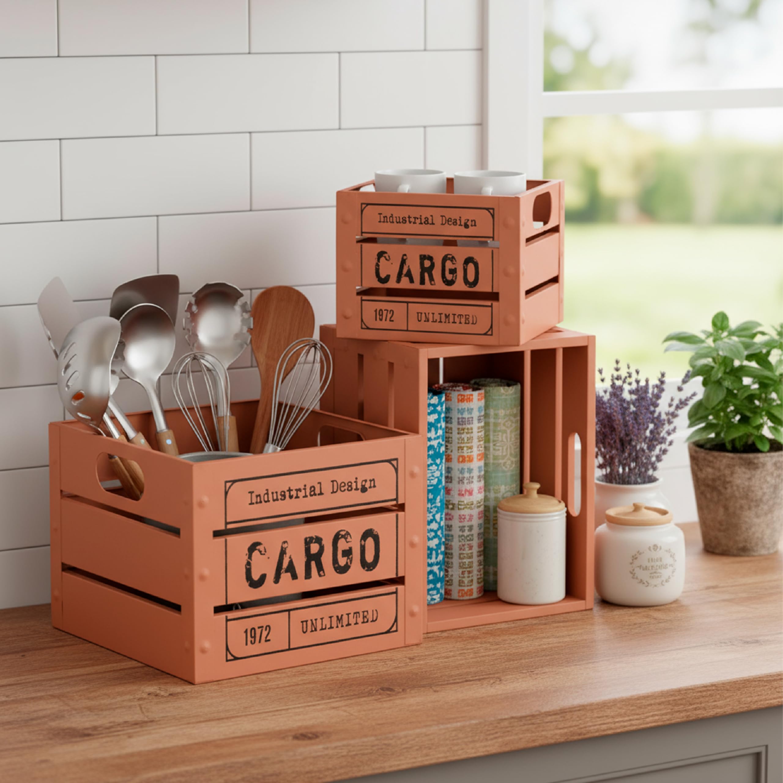 Baroni Home Cargo set 3 cassette metallo quadrate mattone