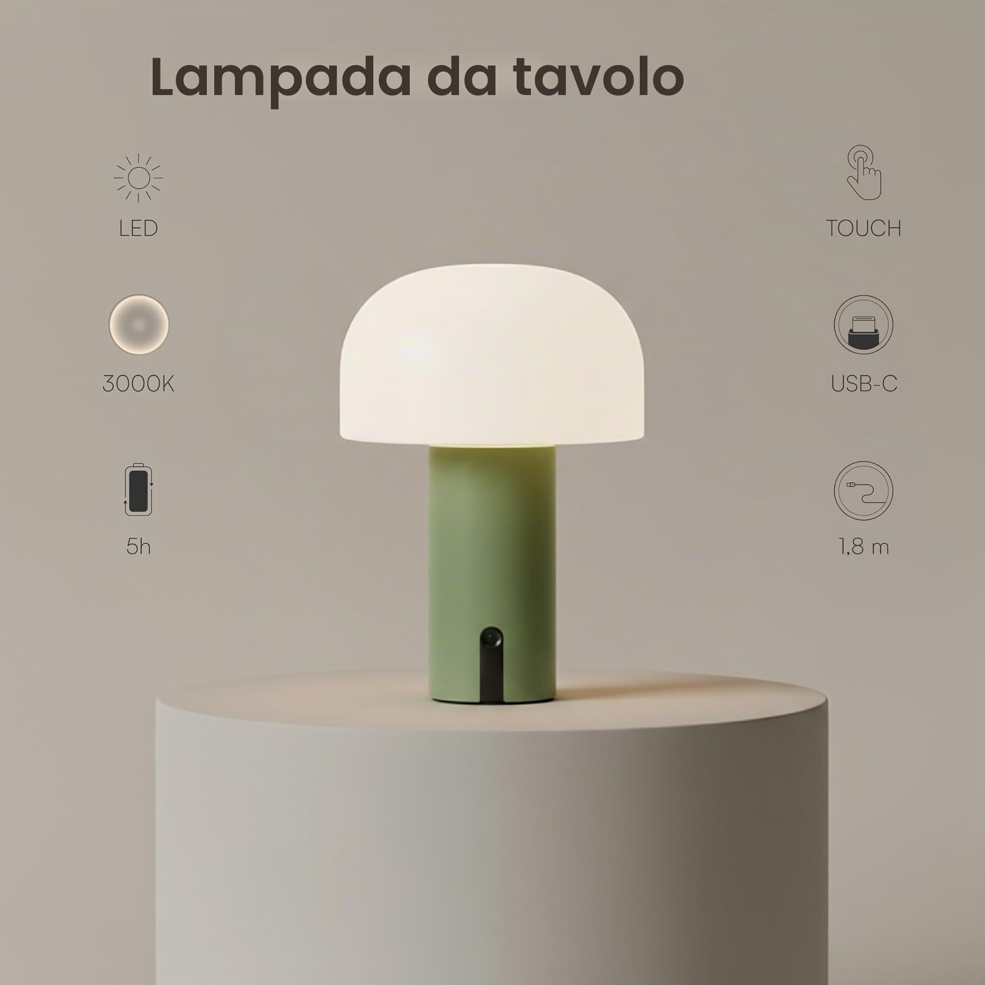 Baroni Home Lampada LED Fungo Senza Fili Verde 22 cm Ricaricabile