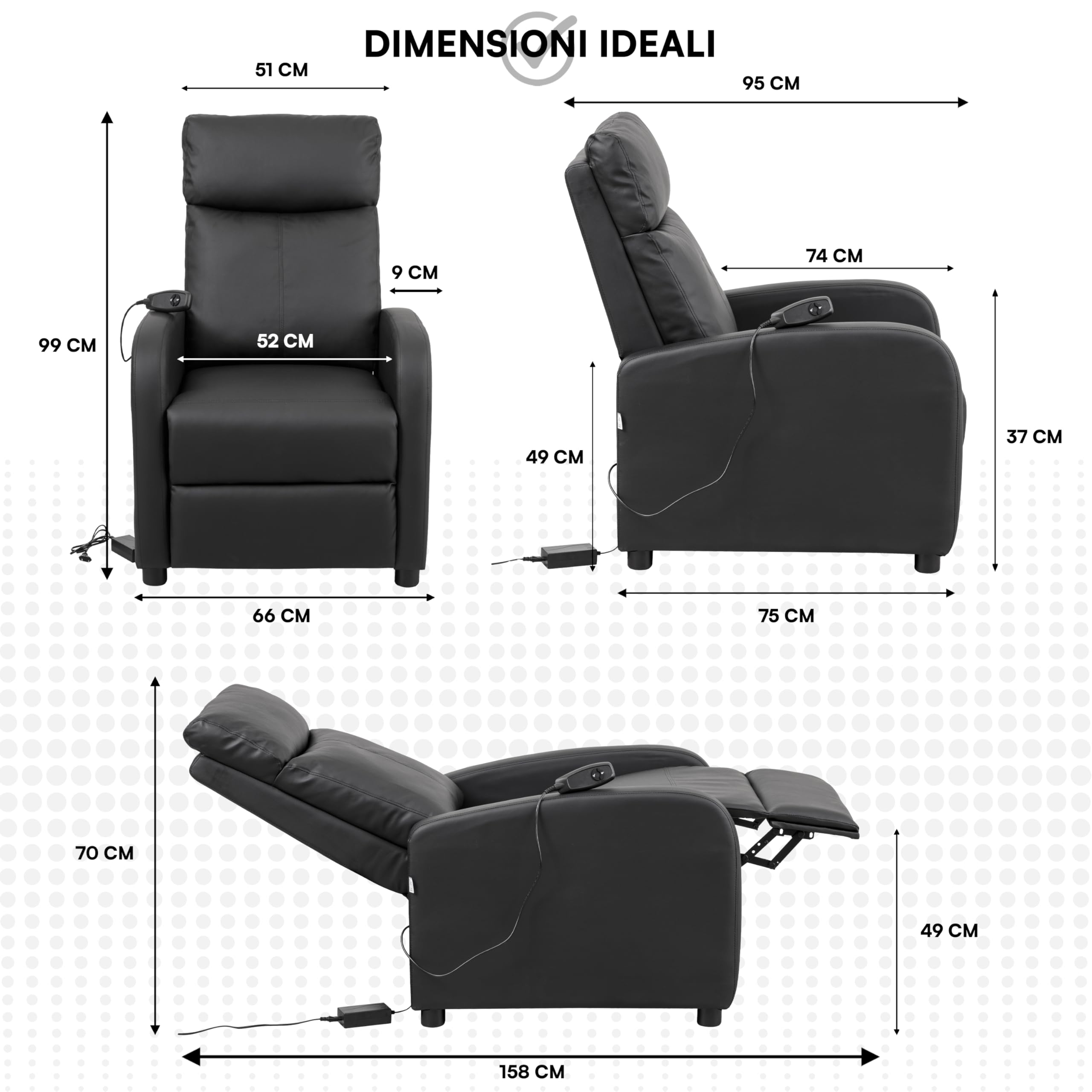 Baroni Home Poltrona Reclinabile Elettrica Nera 66x75x99 cm