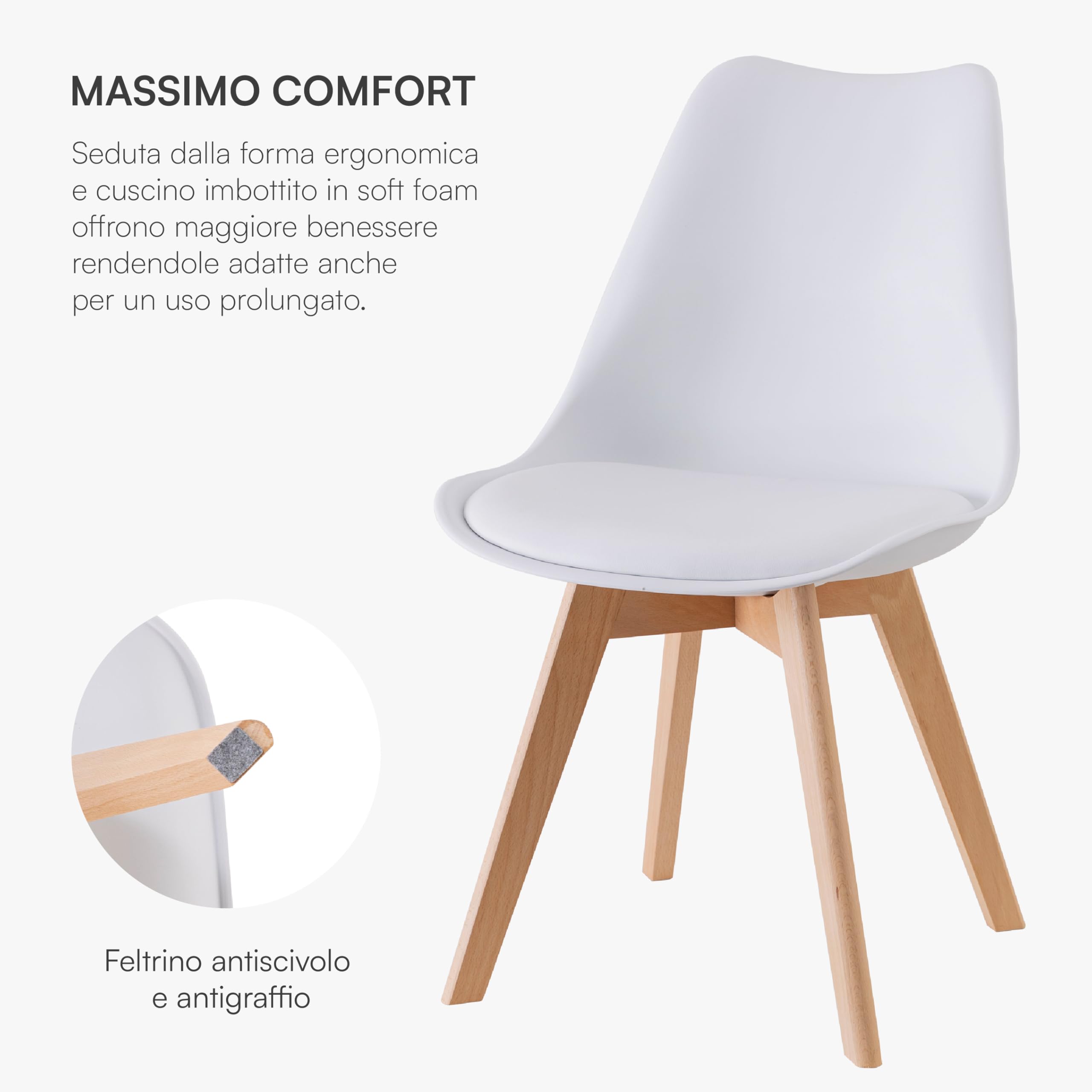 Baroni Home Set 4 Sedie Bianche Gambe Legno 54x46x82 cm