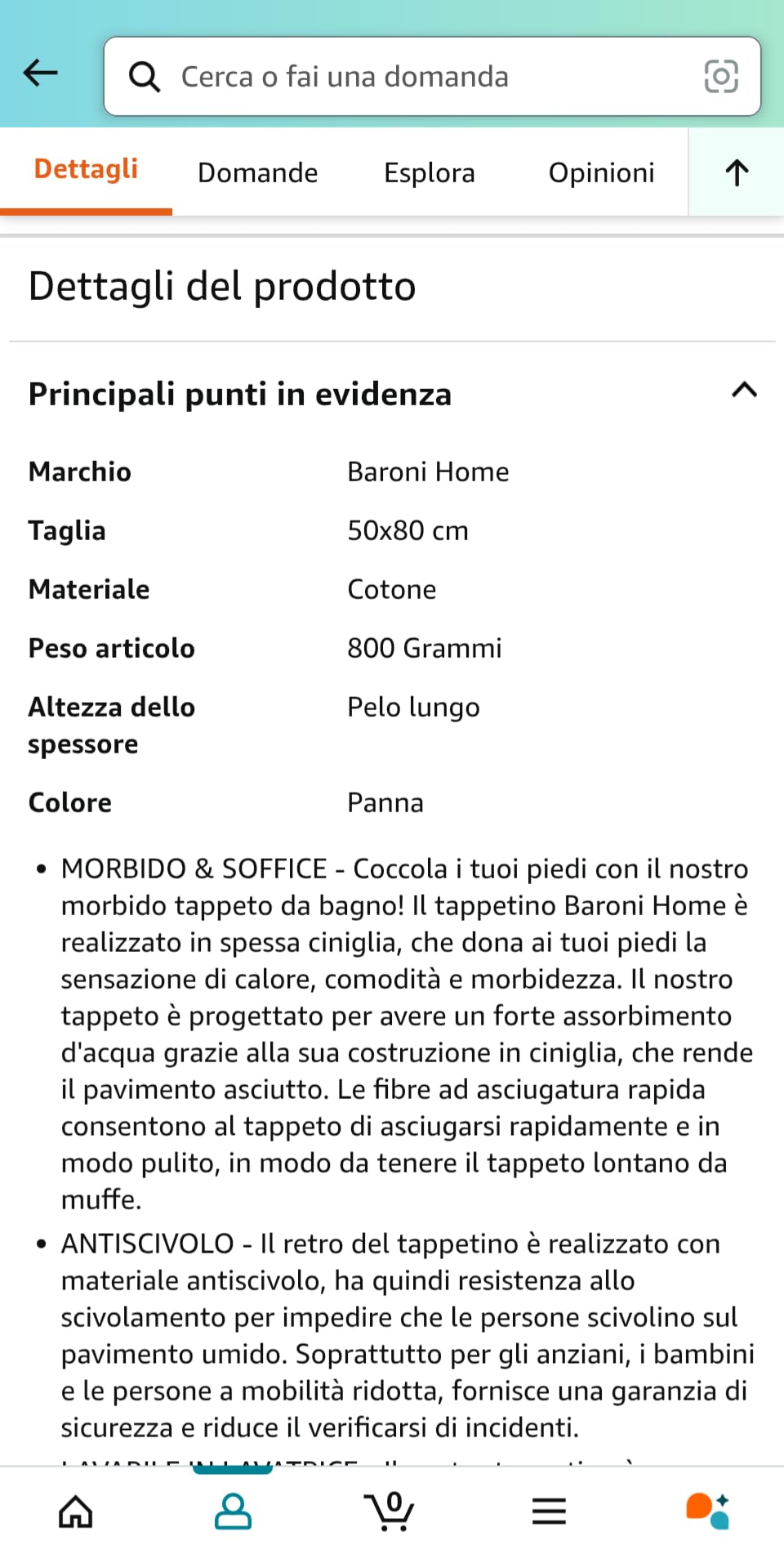 Baroni Home Tappeto Bagno Ciniglia Panna 50x80 cm Antiscivolo