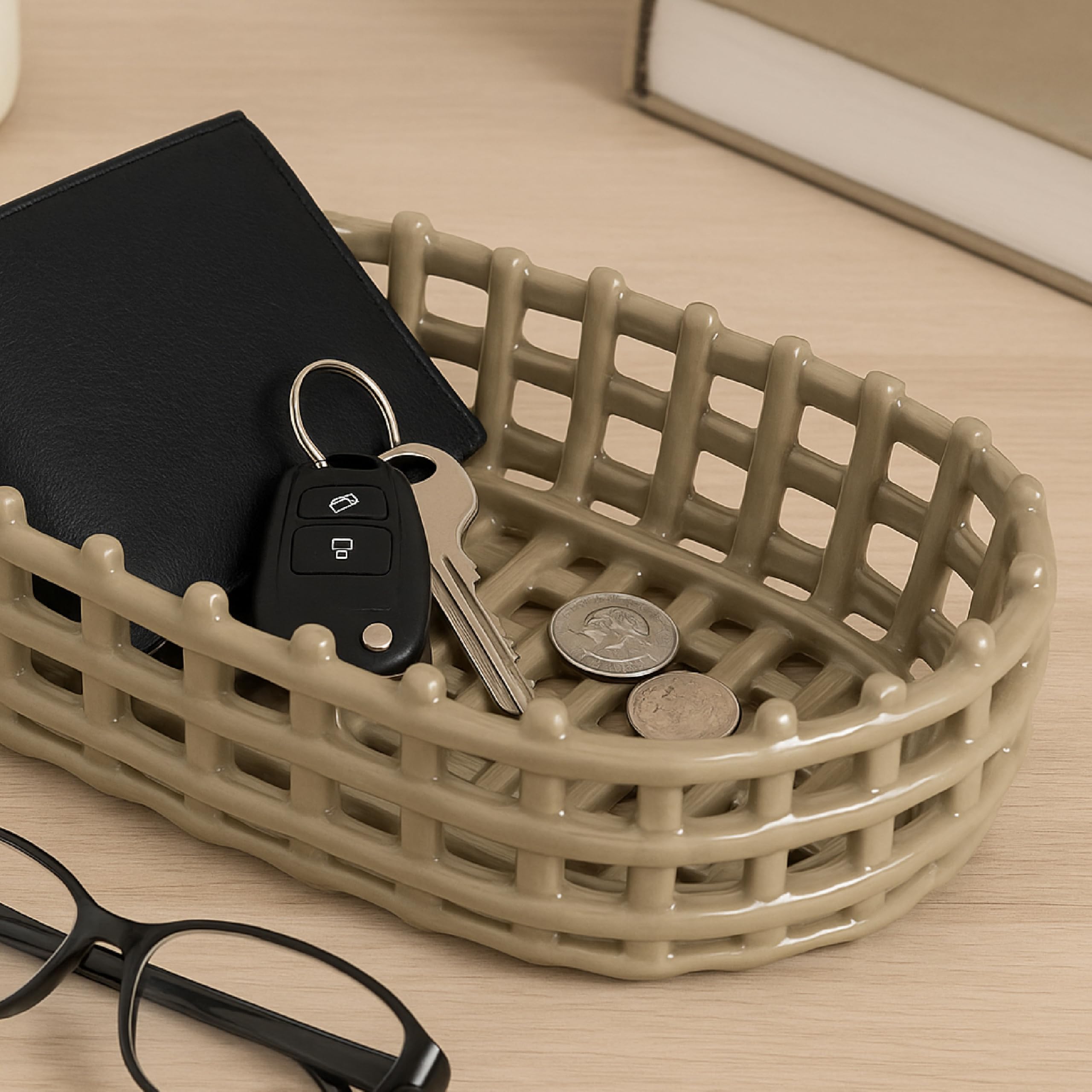 Baroni Home cestino ceramica intrecciato ovale tortora