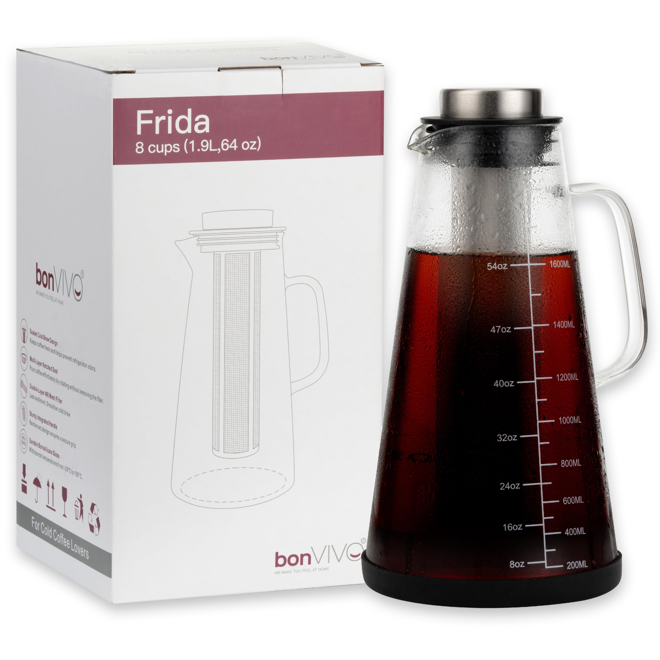 bonVIVO Cold Brew Caraffa Vetro 1L con Filtro Acciaio
