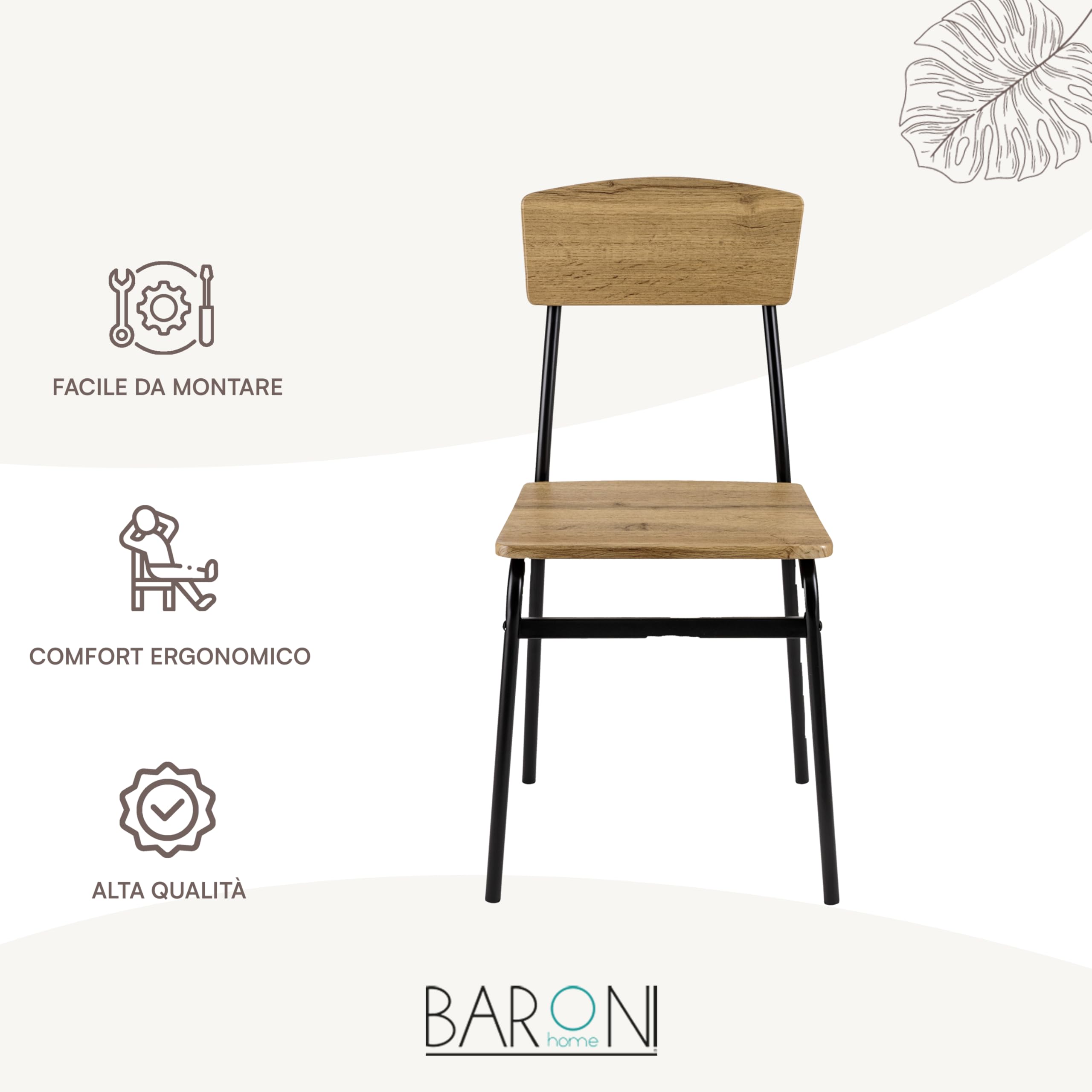 Baroni Home set 4 sedie pranzo nero effetto rovere MDF