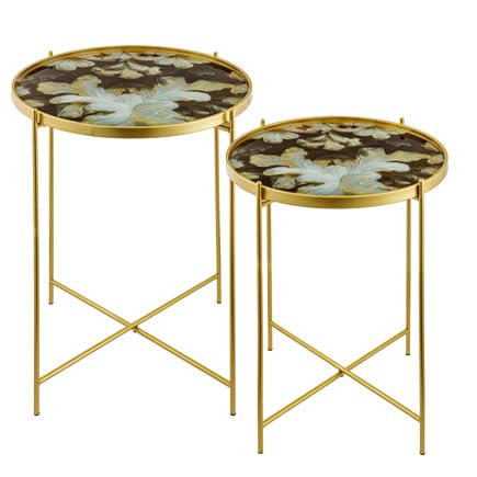 Baroni Home Set 2 Tavolini effetto marmo oro e viola