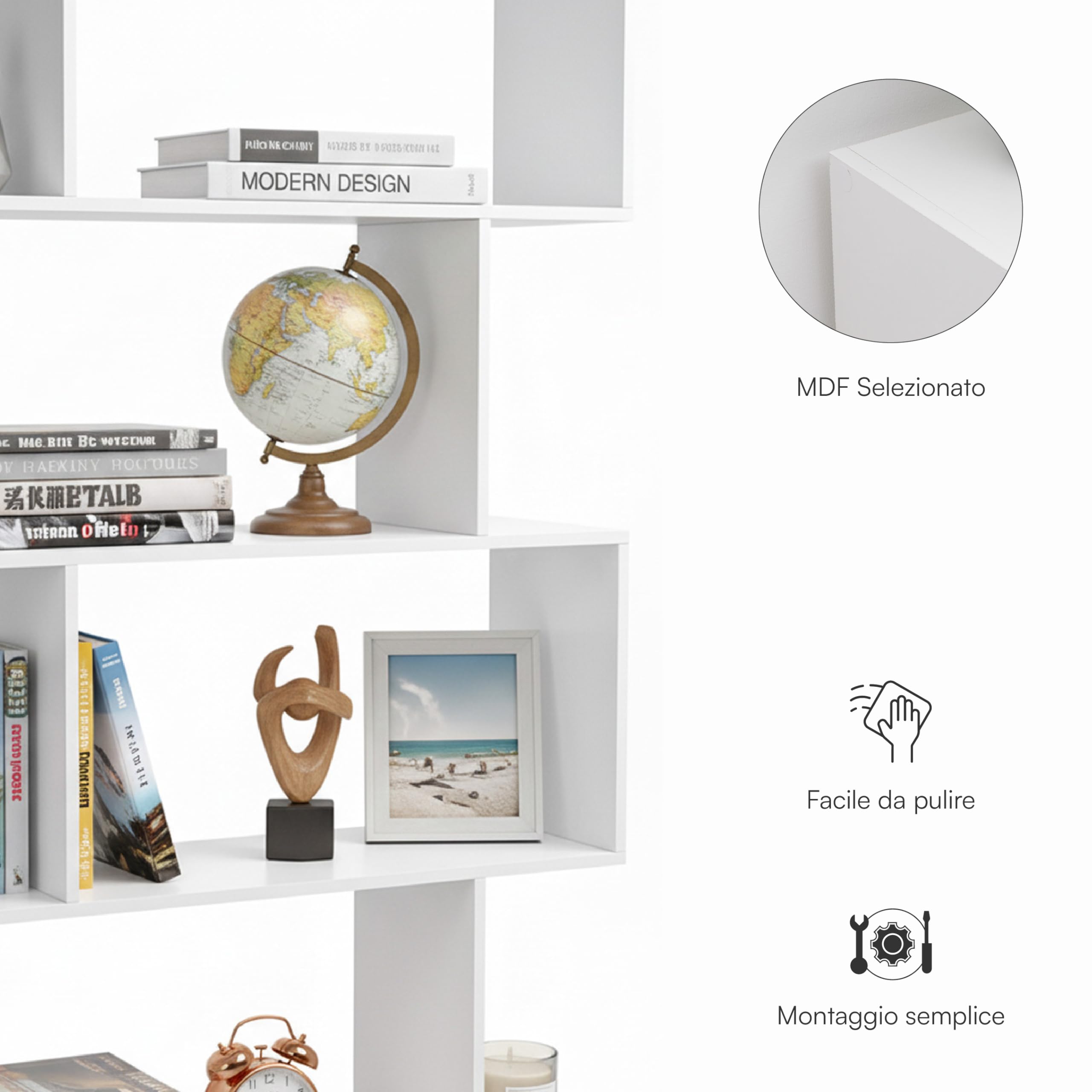 Baroni Home Libreria Zig Zag 6 Ripiani Bianco 24x70x191 cm
