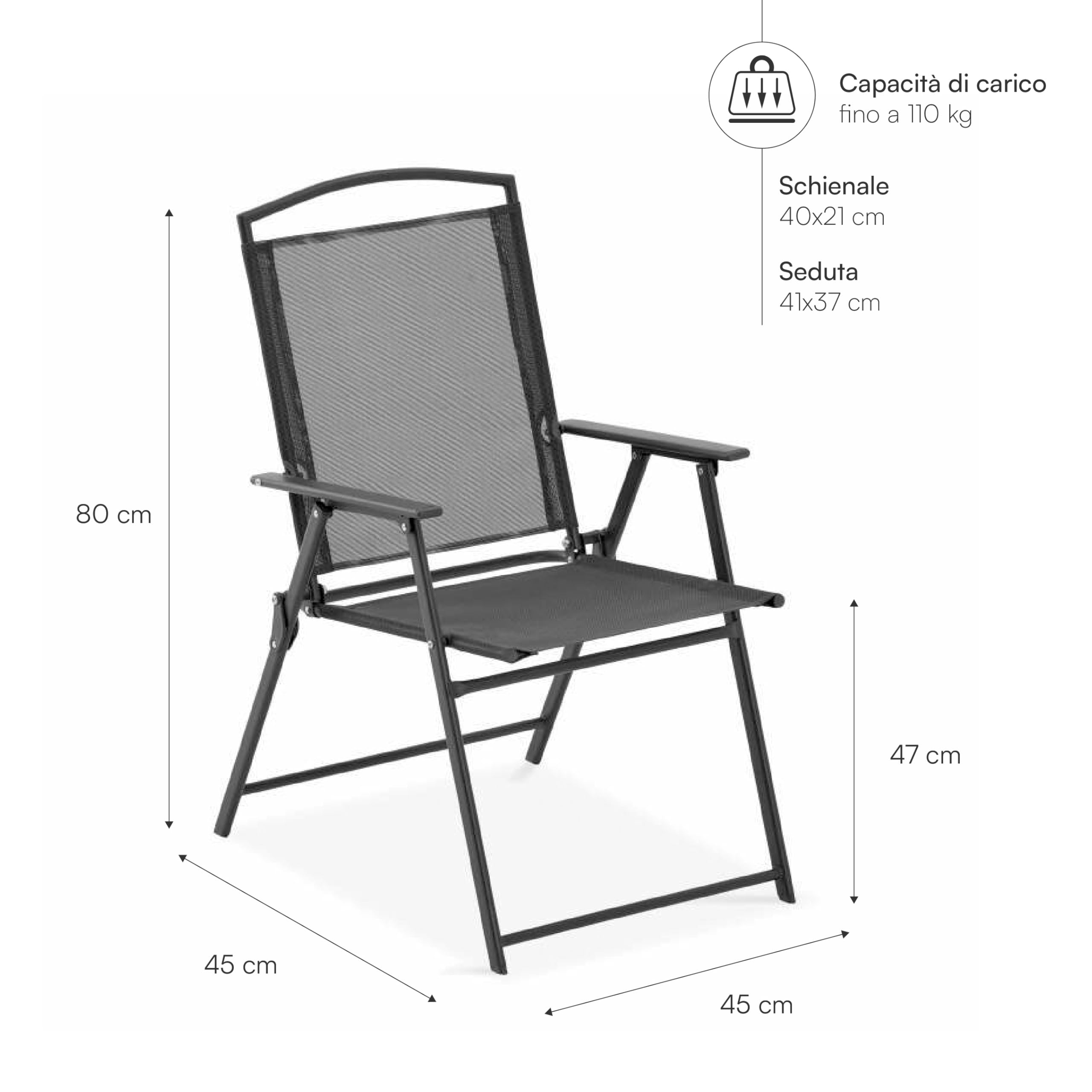 Baroni Home Set 4 Sedie da Giardino Pieghevoli Nere con Braccioli