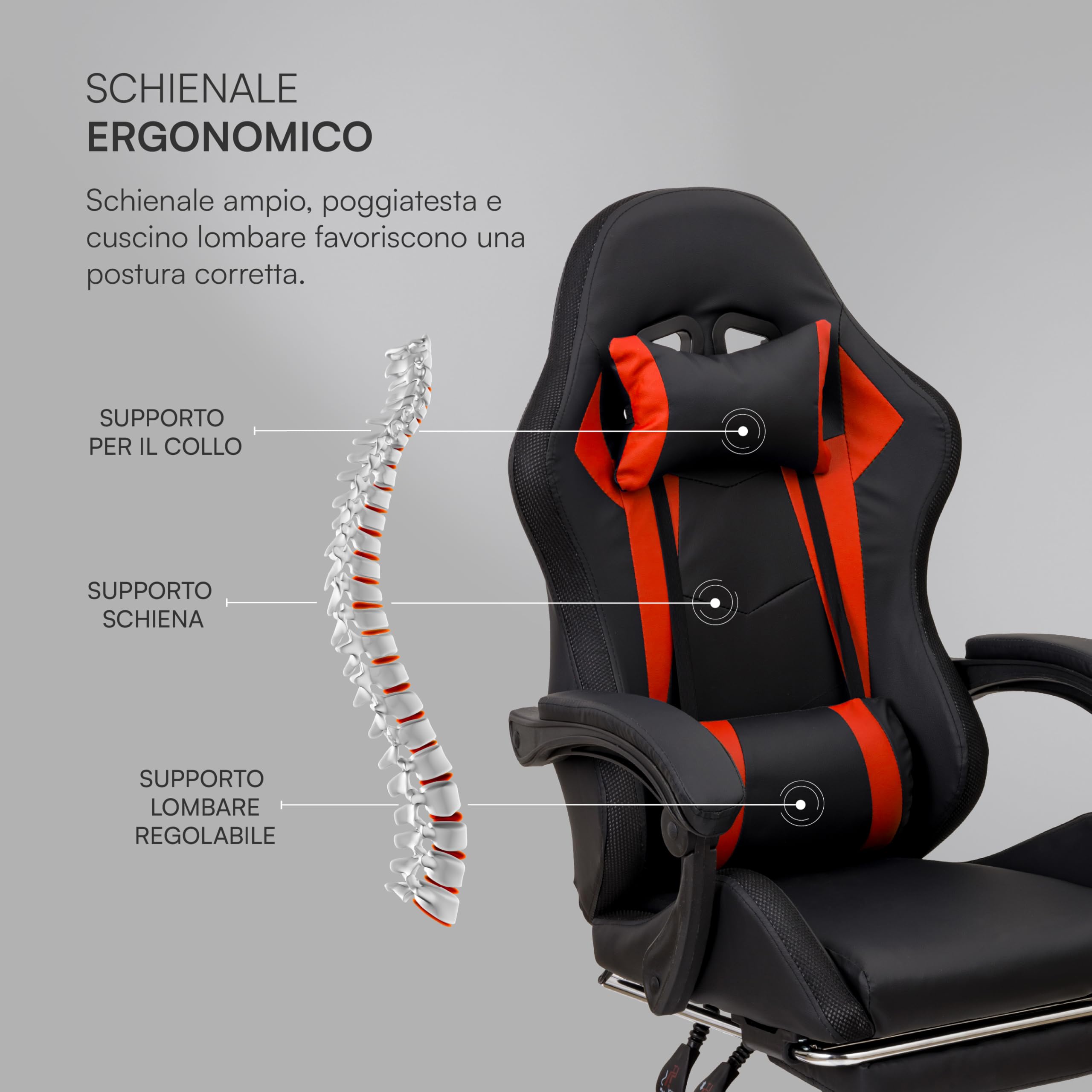 Baroni Home sedia gaming rossa con LED e poggiapiedi