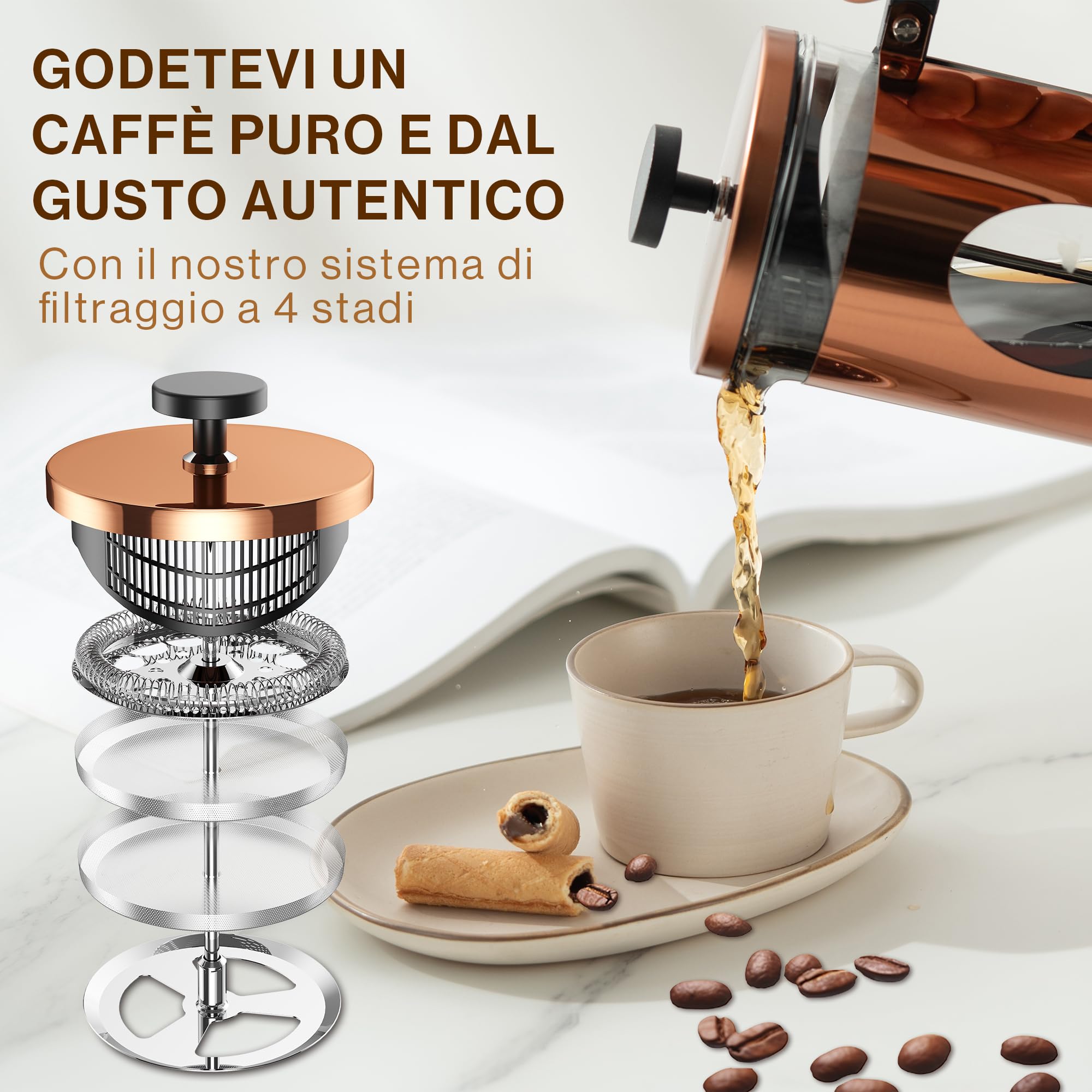 bonVIVO French Press Caffettiera Stantuffo Rame 8 Tazze Vetro