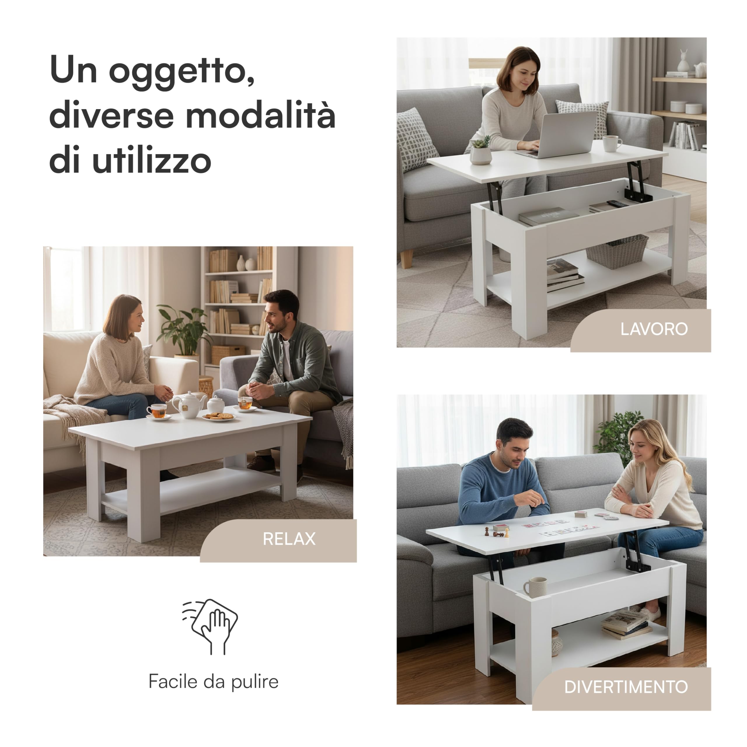 Baroni Home Tavolino da caffè piano sollevabile nero 100 cm