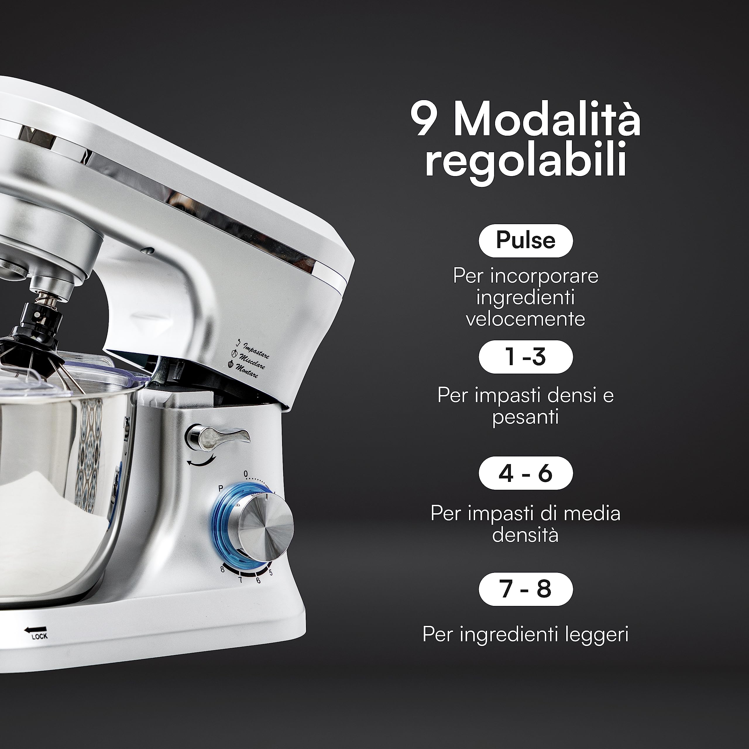 Baroni impastatrice planetaria 1000W 4,5L acciaio 6 velocità
