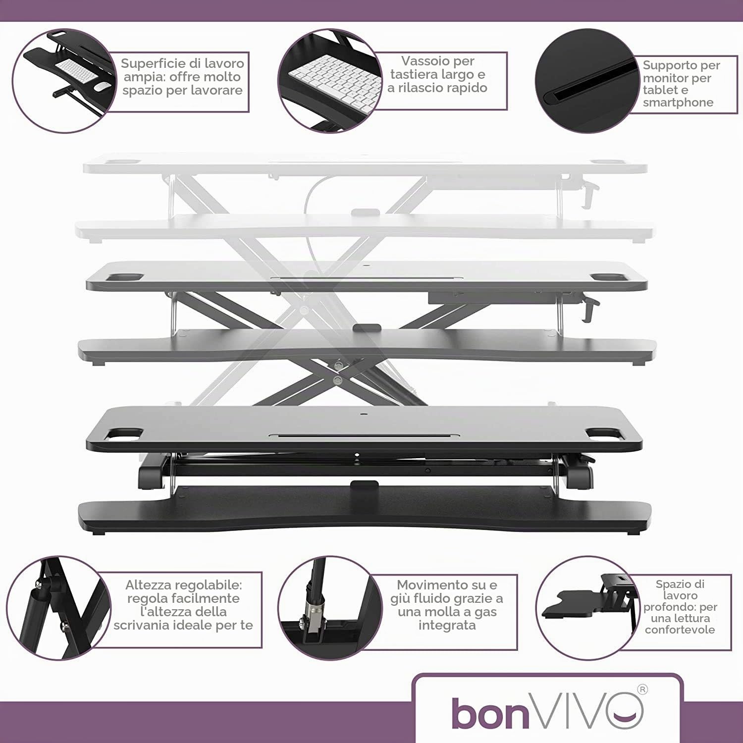 bonVIVO Scrivania Regolabile Sit Stand Nera da PC Ufficio