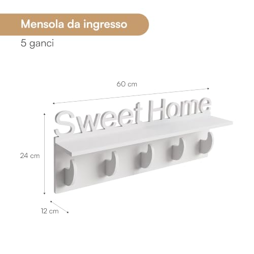 Baroni Home Mensola Sweet Home 60x12x24 cm 1 ripiano 5 ganci