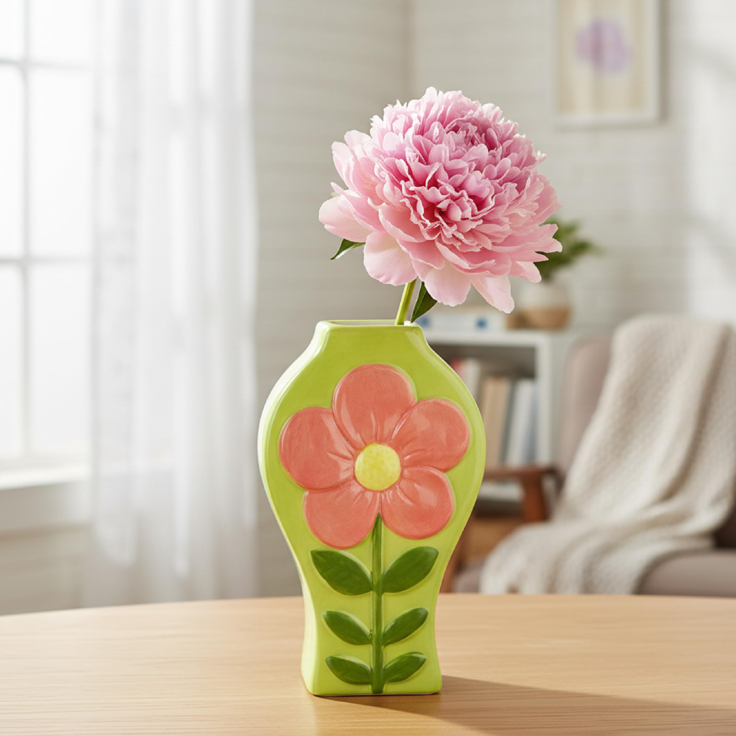 Baroni Home Vaso Ceramica Verde Fiore Arancione 12x6x18,5 cm