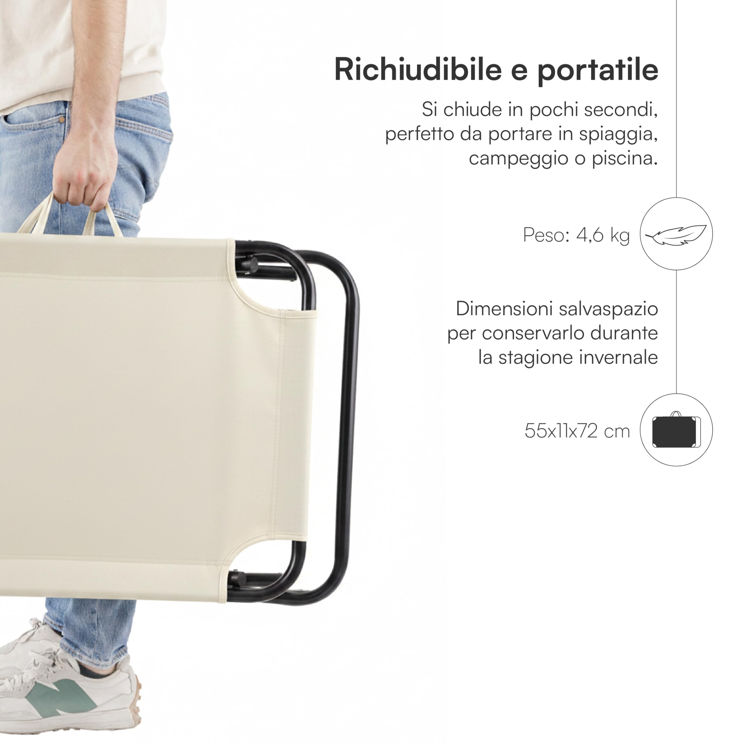 Baroni Home sdraio pieghevole panna 186x55x24 cm parasole
