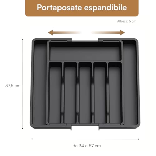 Baroni Home portaposate estendibile plastica nero 8 scomparti