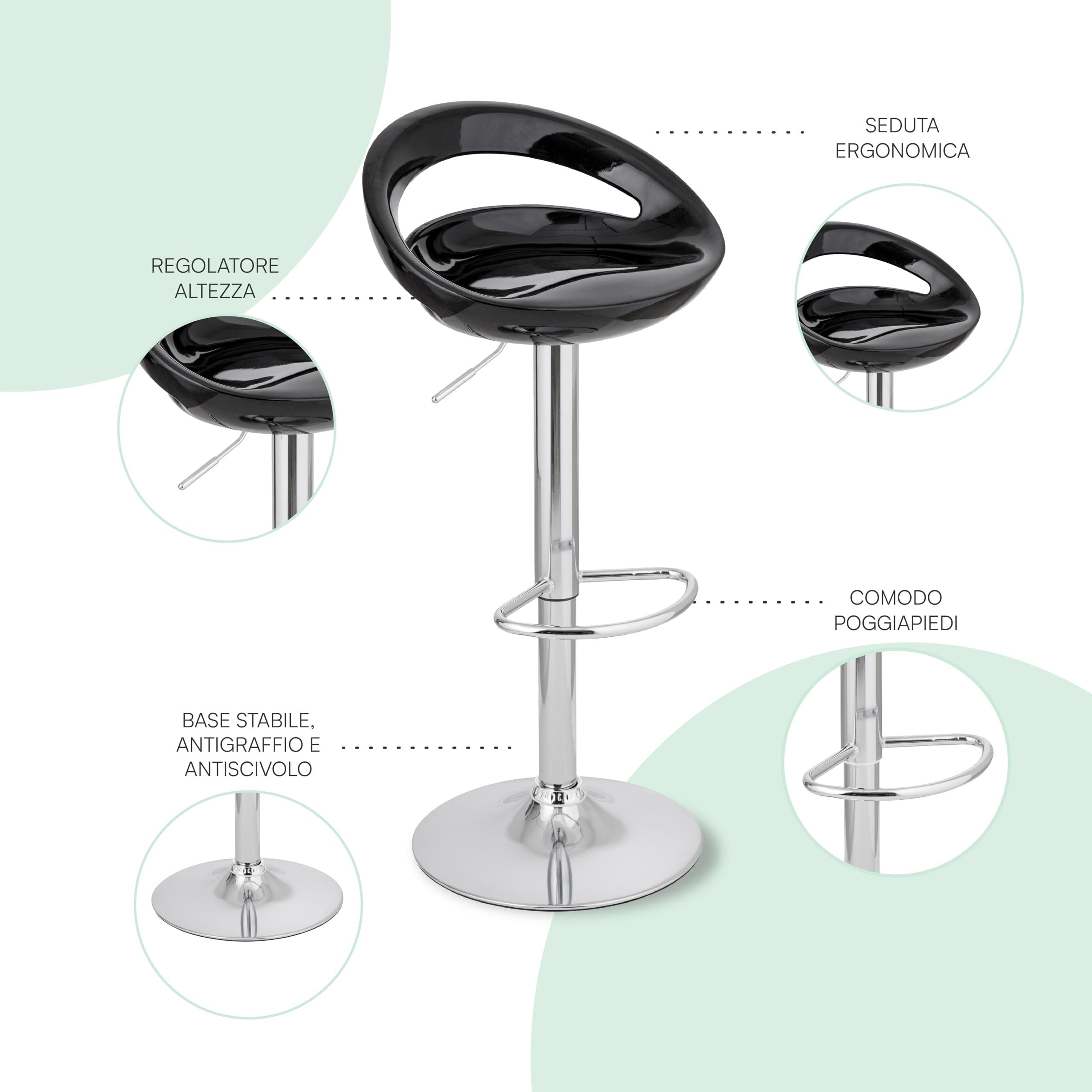 Baroni Home sgabello bar girevole nero altezza regolabile