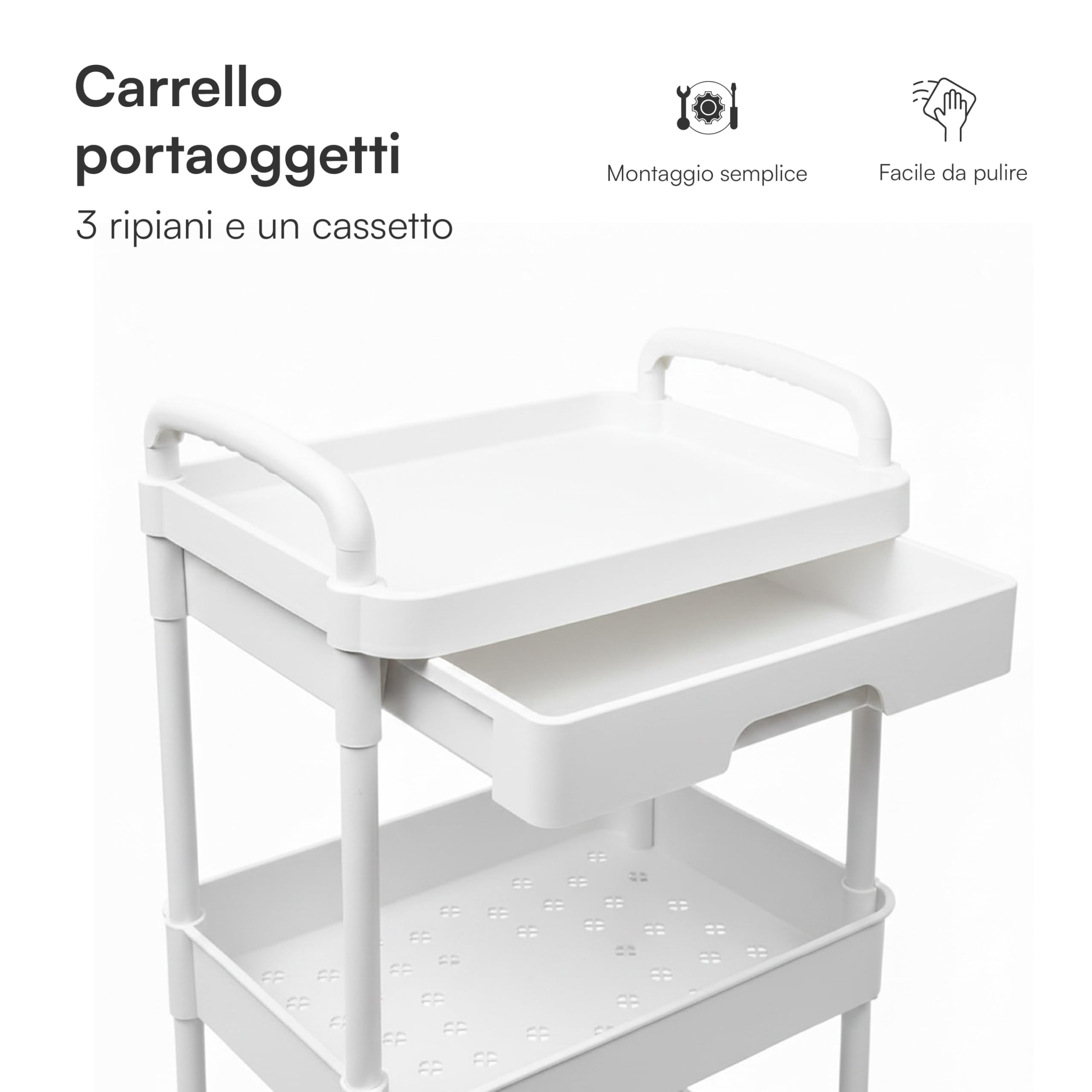 Baroni Home carrello bianco 3 ripiani con ruote