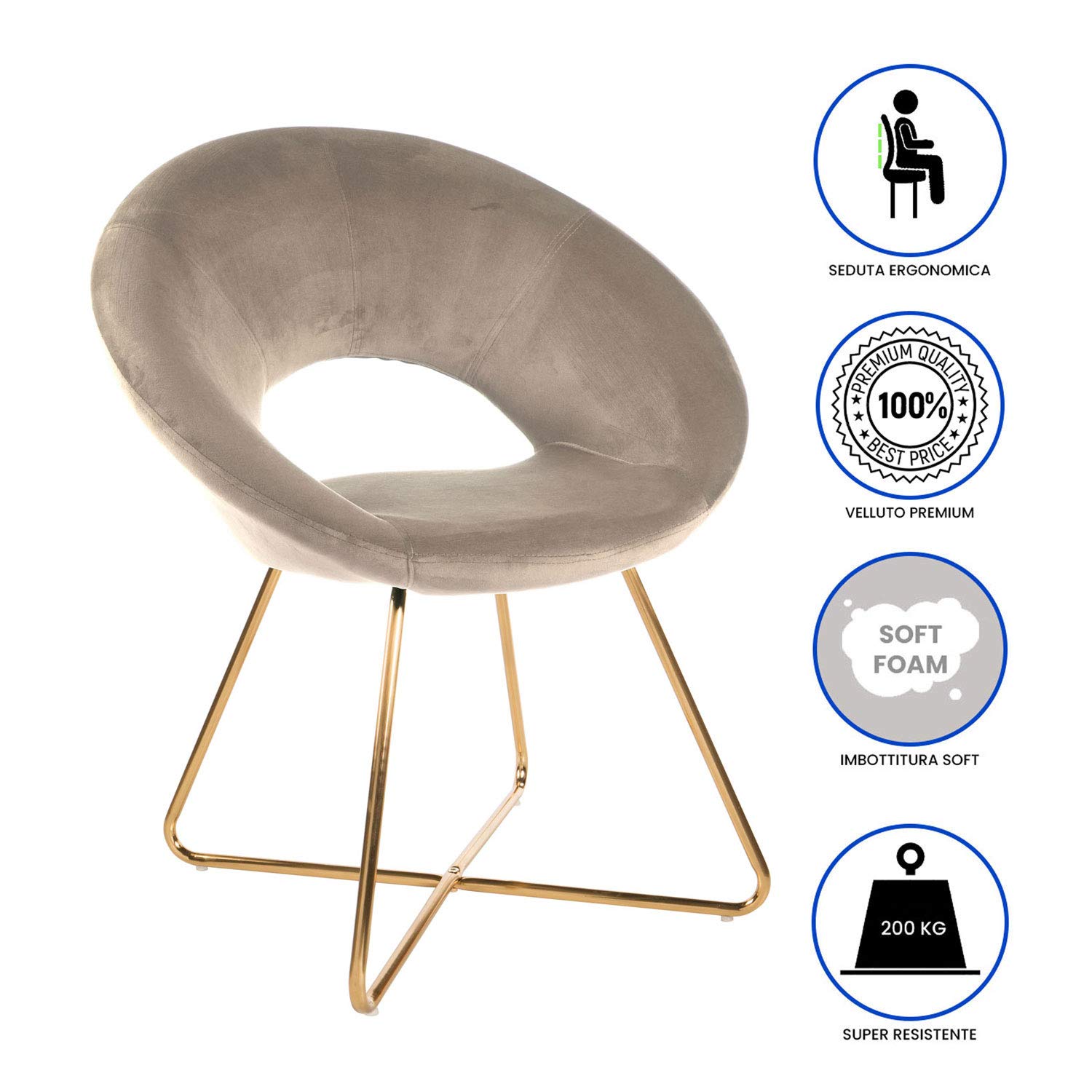 Baroni Home Poltrona Bibi Moon Beige Velluto 71x59x84 Portata 200kg