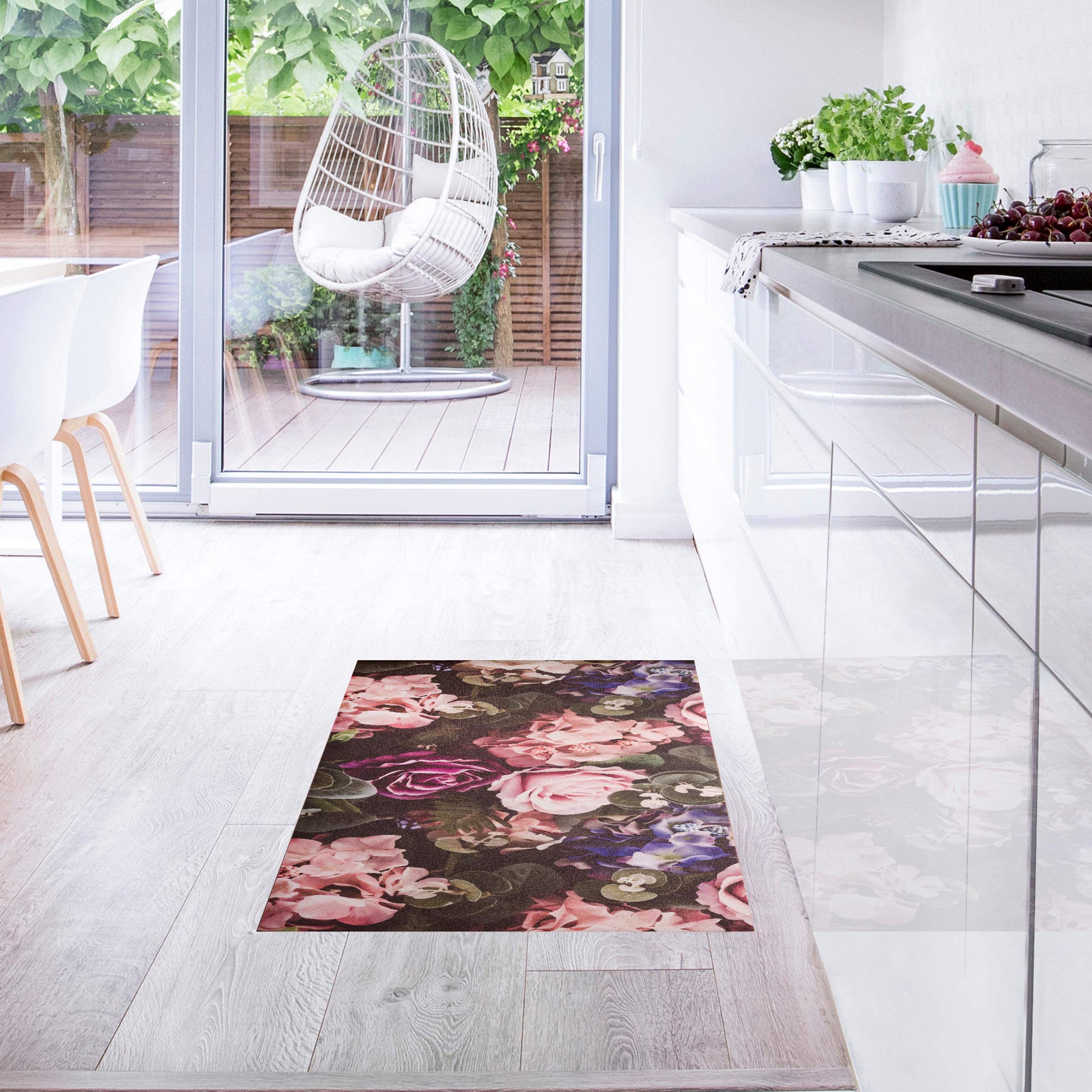 Baroni Home Tappeto PVC 120x60 cm Fiori Rosa Antimacchia