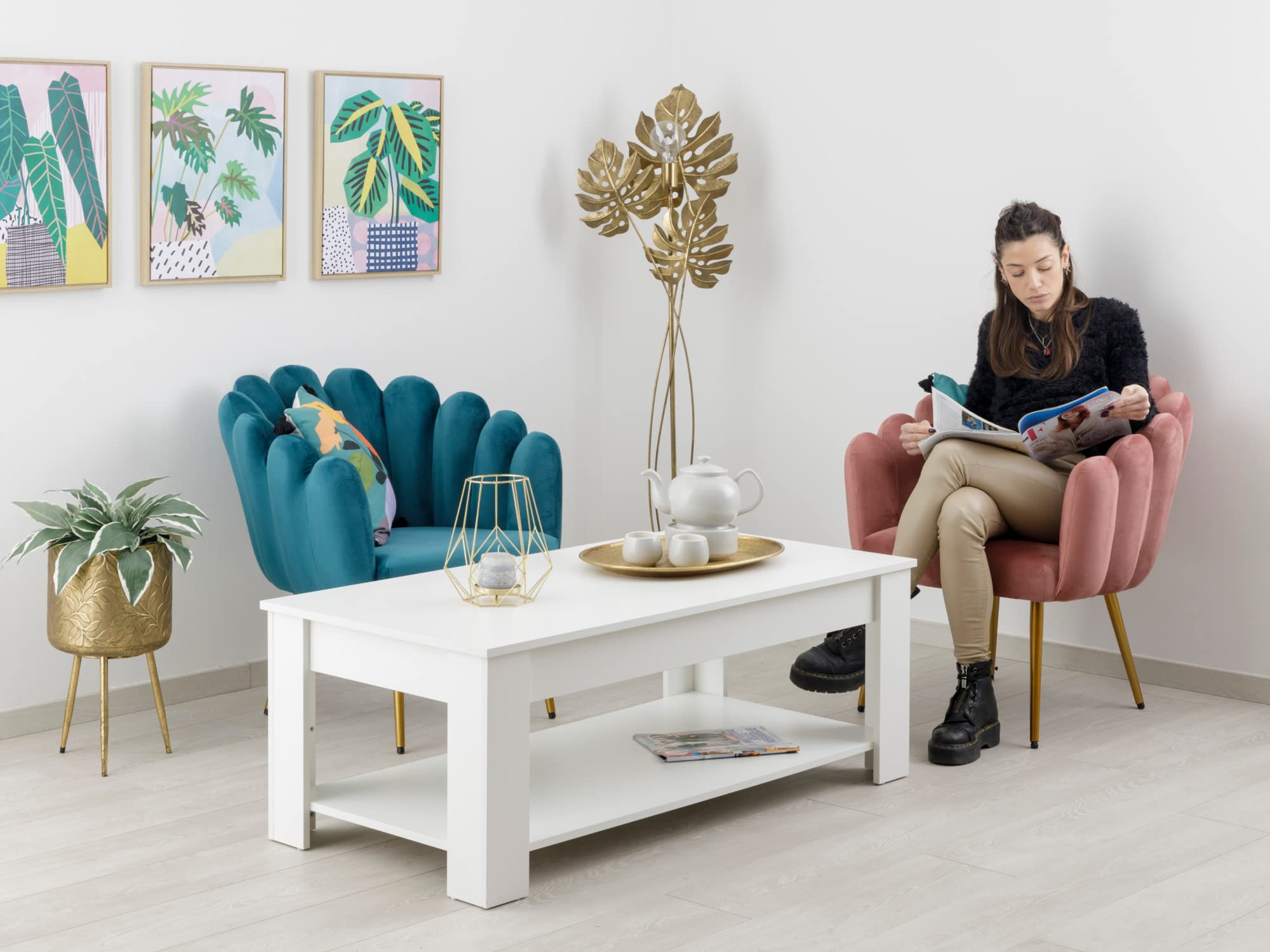 Baroni Home Tavolino Salotto Bianco 120x60x45 con Ripiano