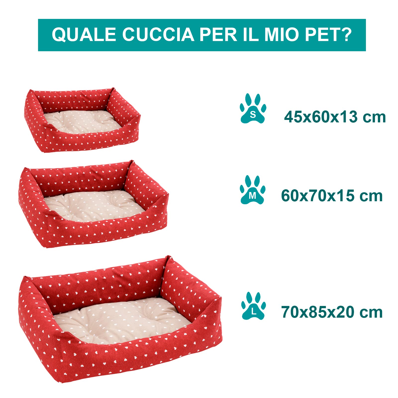 Baroni Home cuccia cane rettangolare rossa cuori 60x70 cm