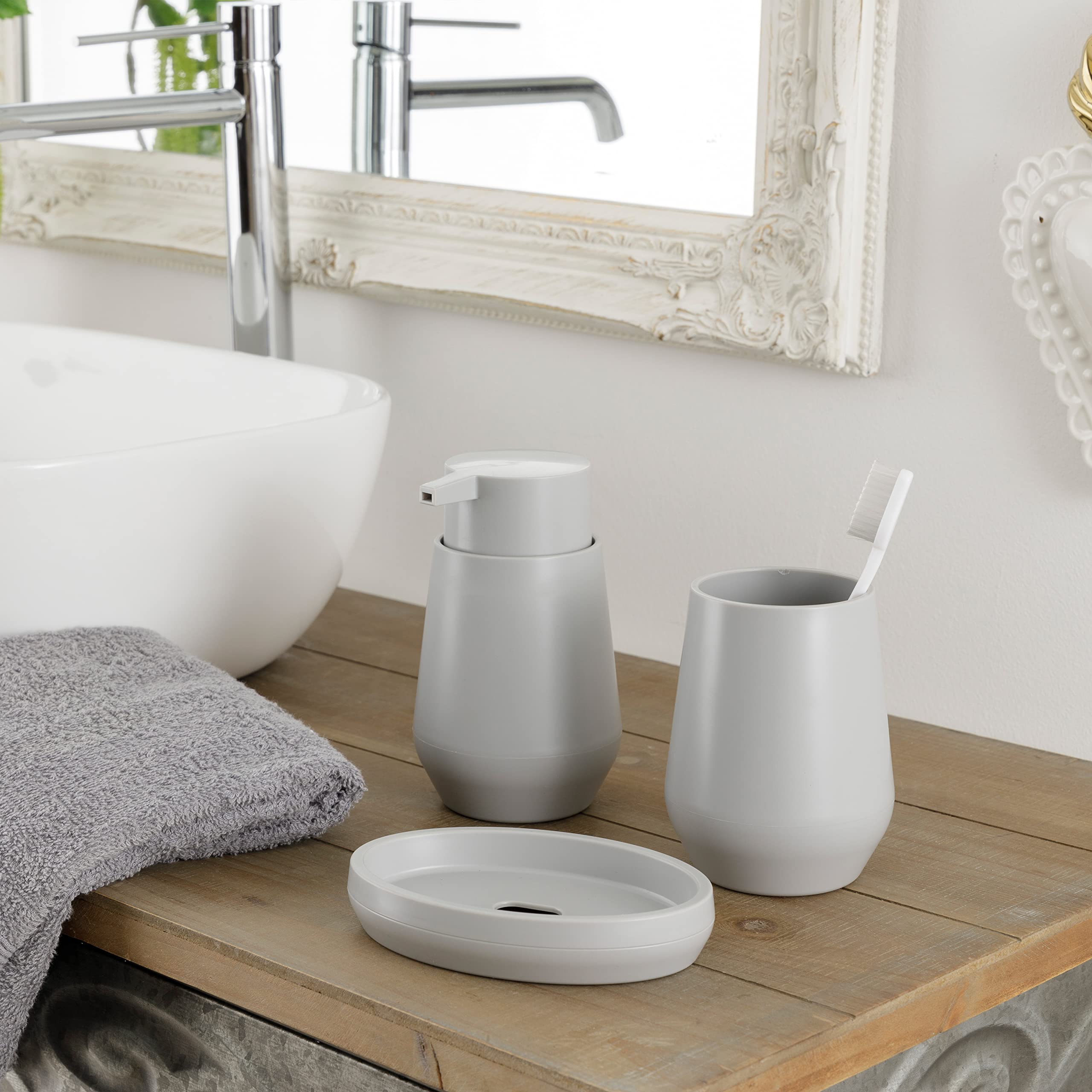 Baroni Home Set Bagno 3 Pezzi Grigio in Plastica con Dispenser