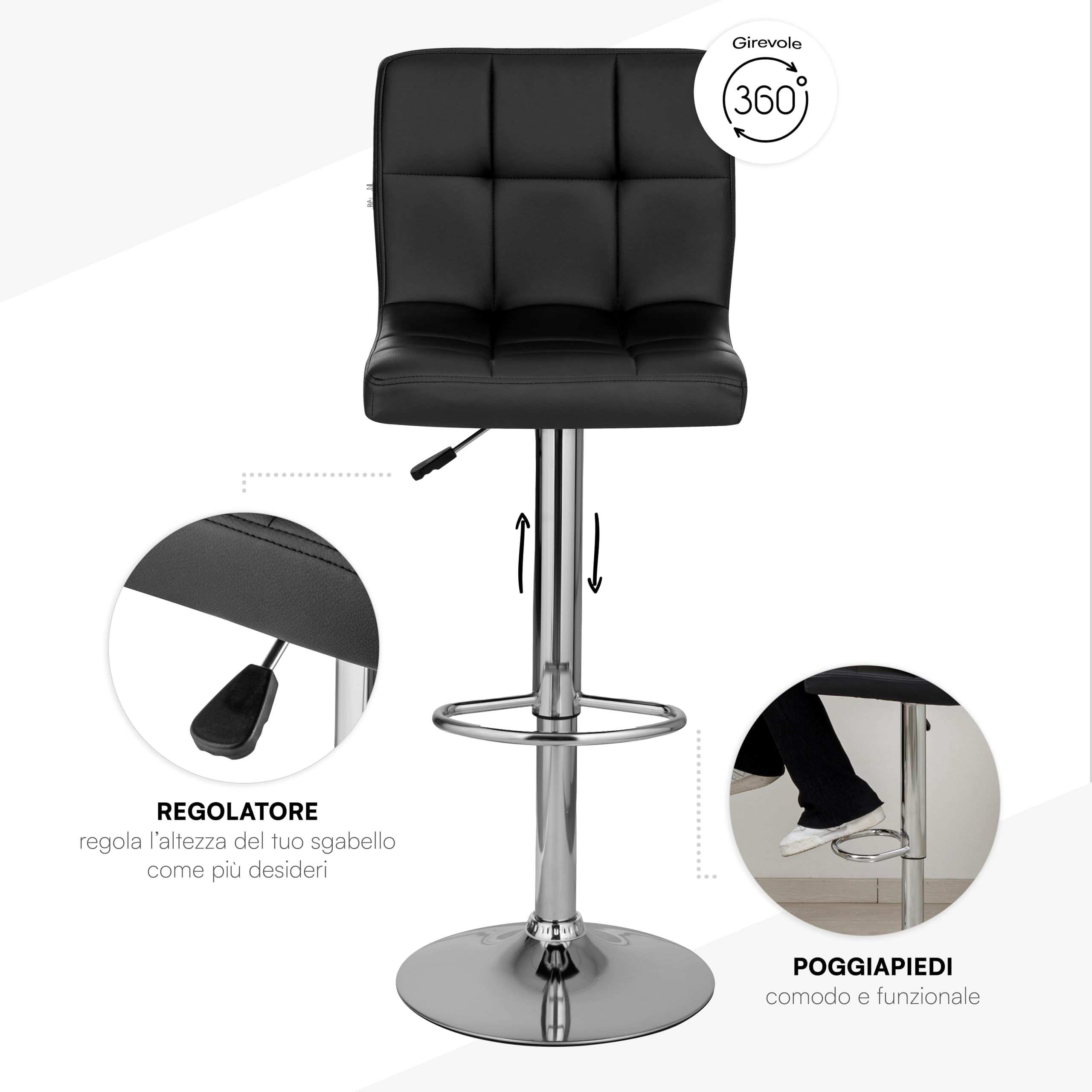 Baroni Home sgabello bar cucina nero ecopelle 1 pezzo regolabile