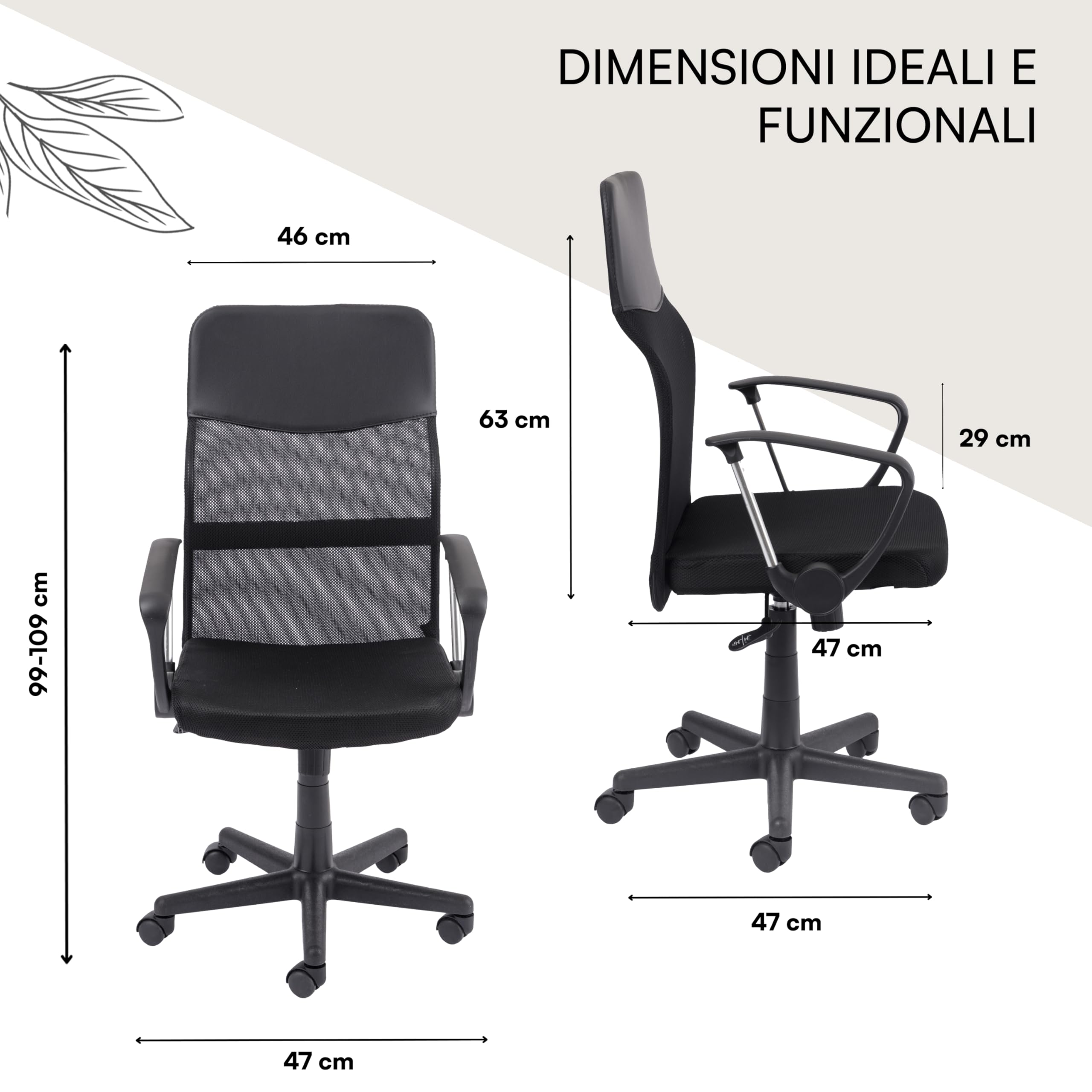 Baroni Home Sedia Ufficio Nera Ecopelle 47x47x109 cm