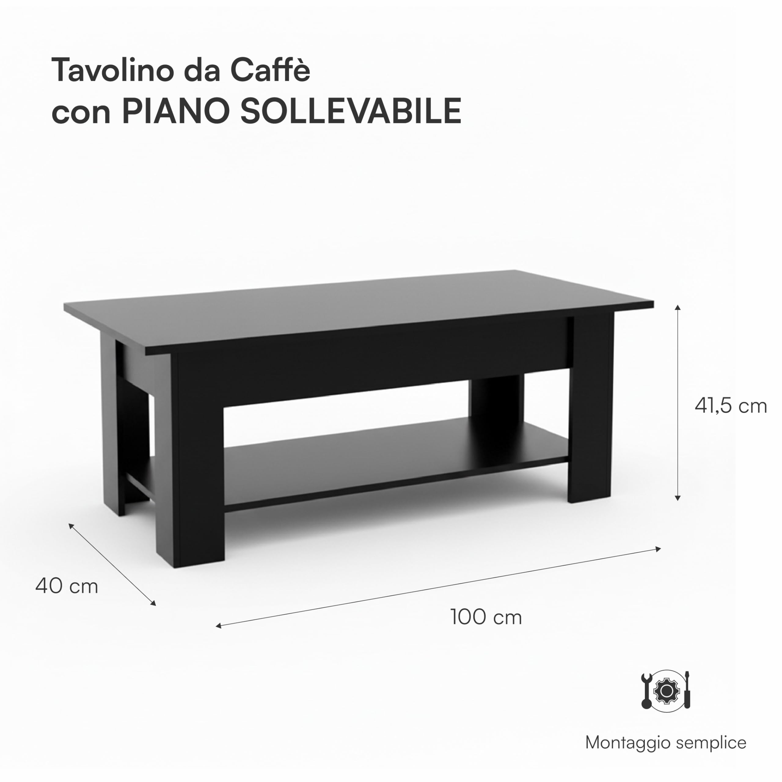 Baroni Home Tavolino da caffè piano sollevabile nero 100 cm