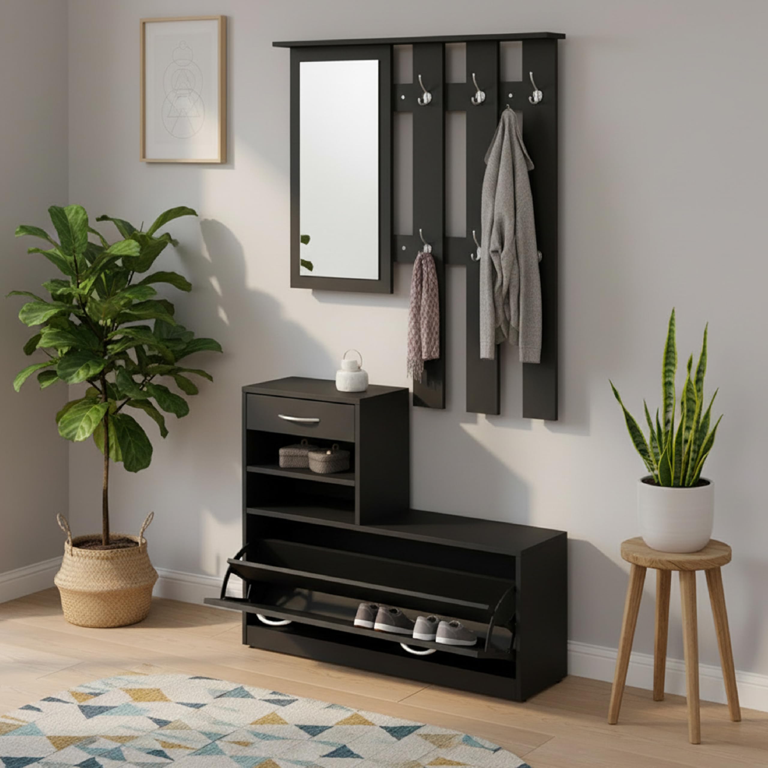 Baroni Home Mobile Ingresso 3 Pezzi Scarpiera Nero 6 Ganci