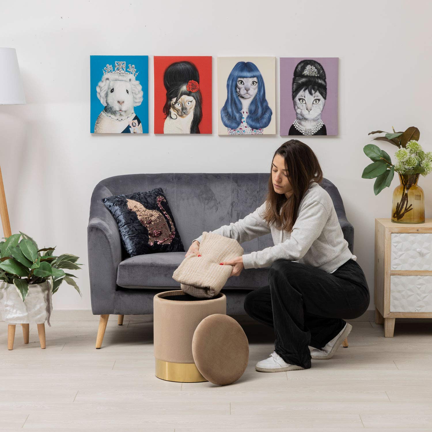 Baroni Home Pouf Contenitore Velluto Nocciola 31x31x39 cm