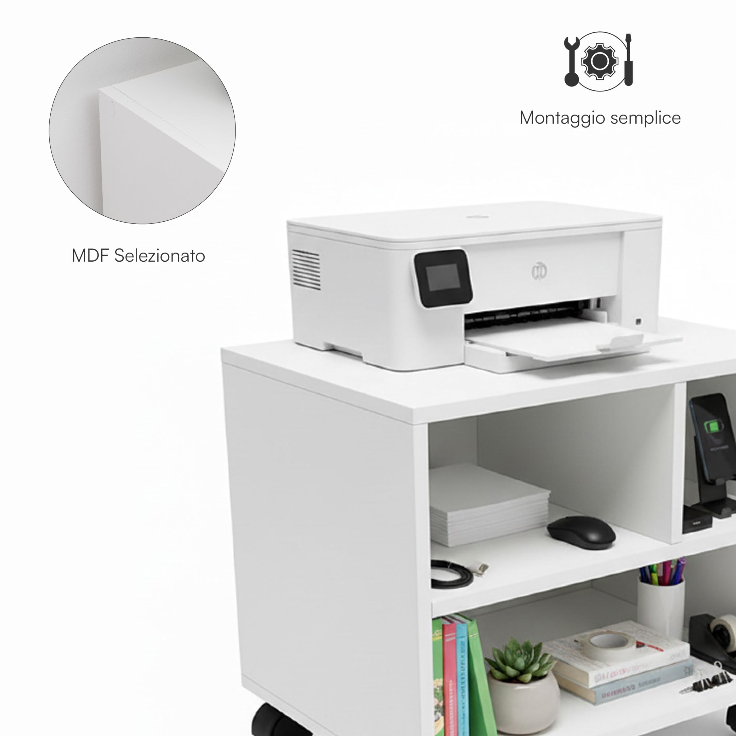 Baroni Home Carrello Ufficio 3 Scomparti Bianco 30x40x36 cm