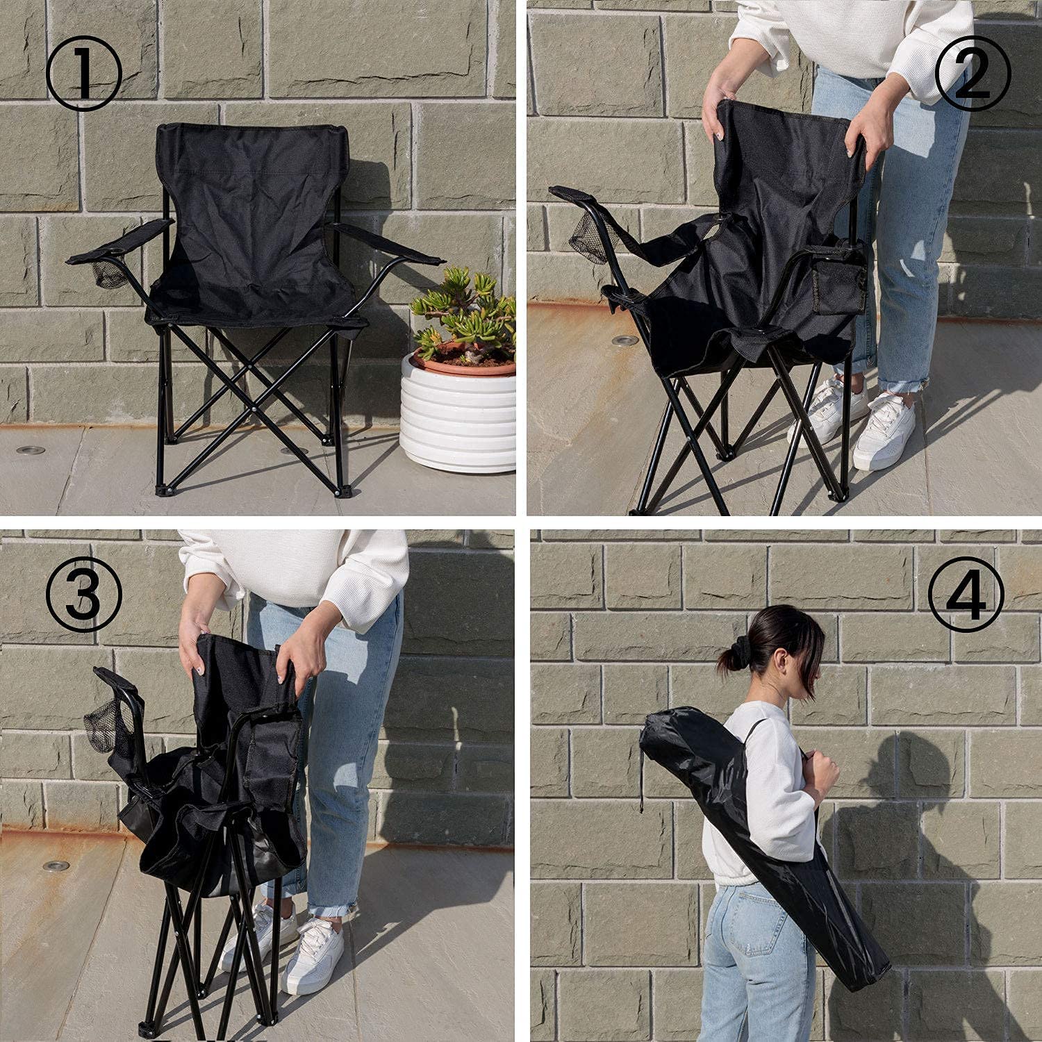 Baroni Home Sedia Campeggio Set 2 Nero Pieghevole 50x50x80