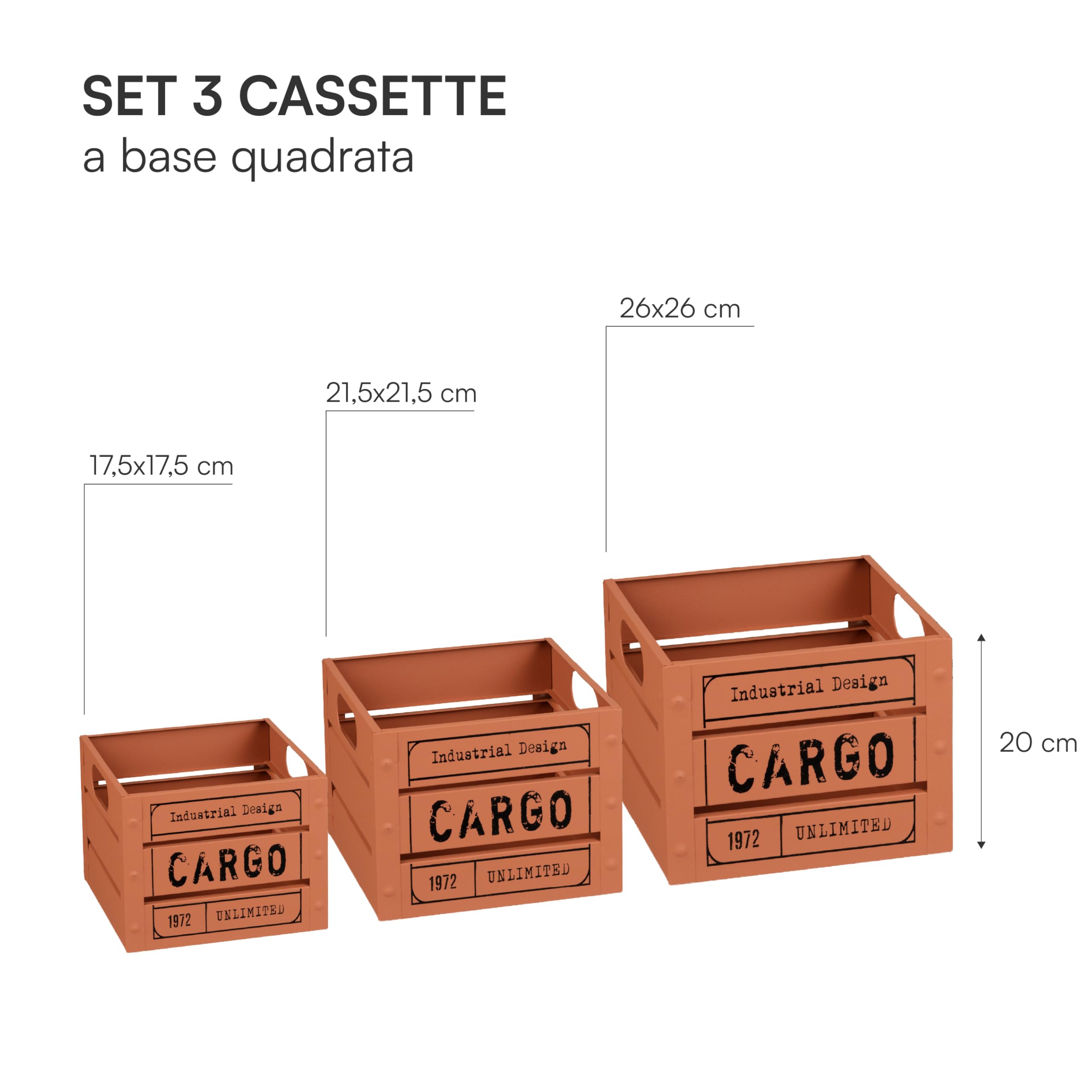 Baroni Home Cargo set 3 cassette metallo quadrate mattone