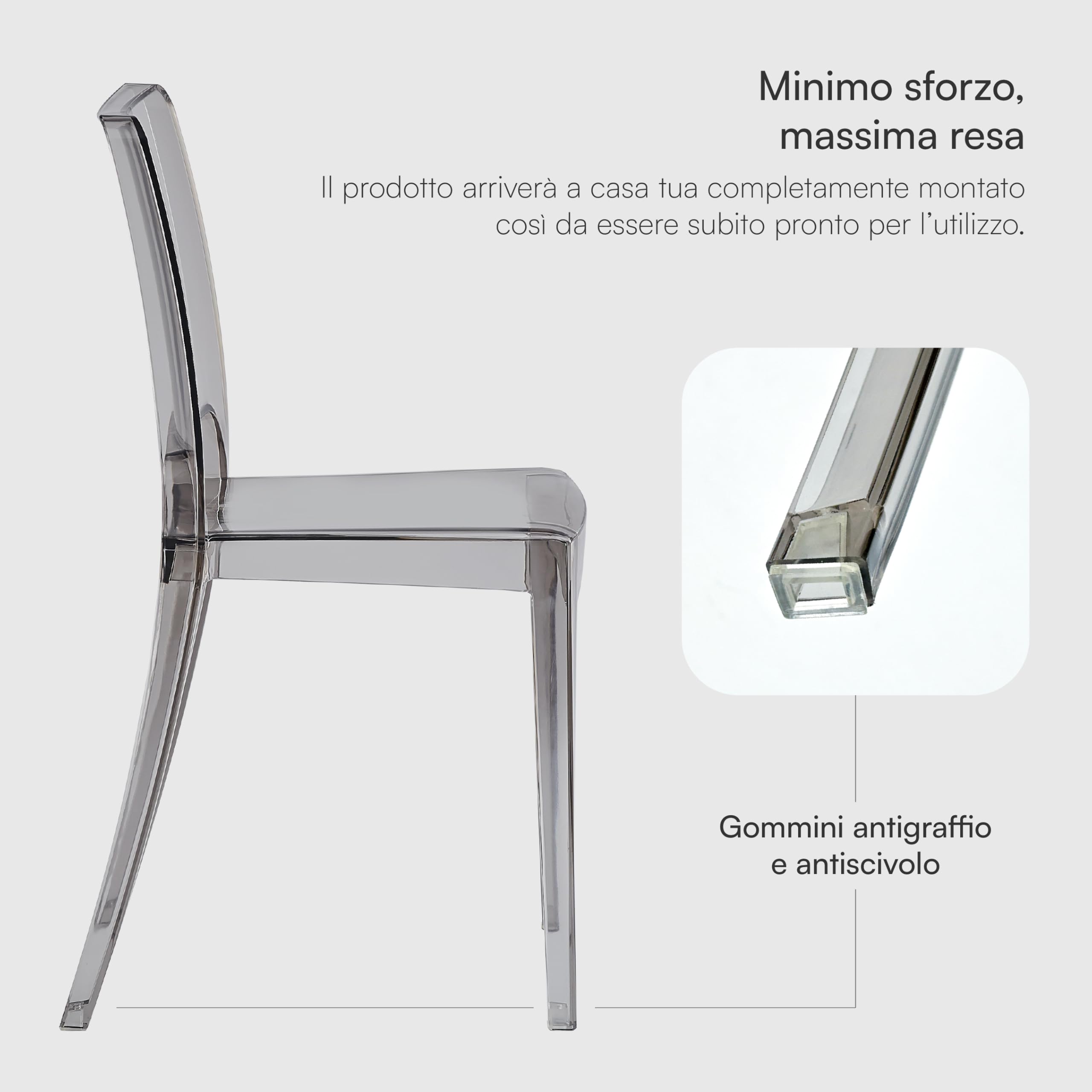 Baroni Home Set 4 Sedie Trasparenti Impilabili Fumè