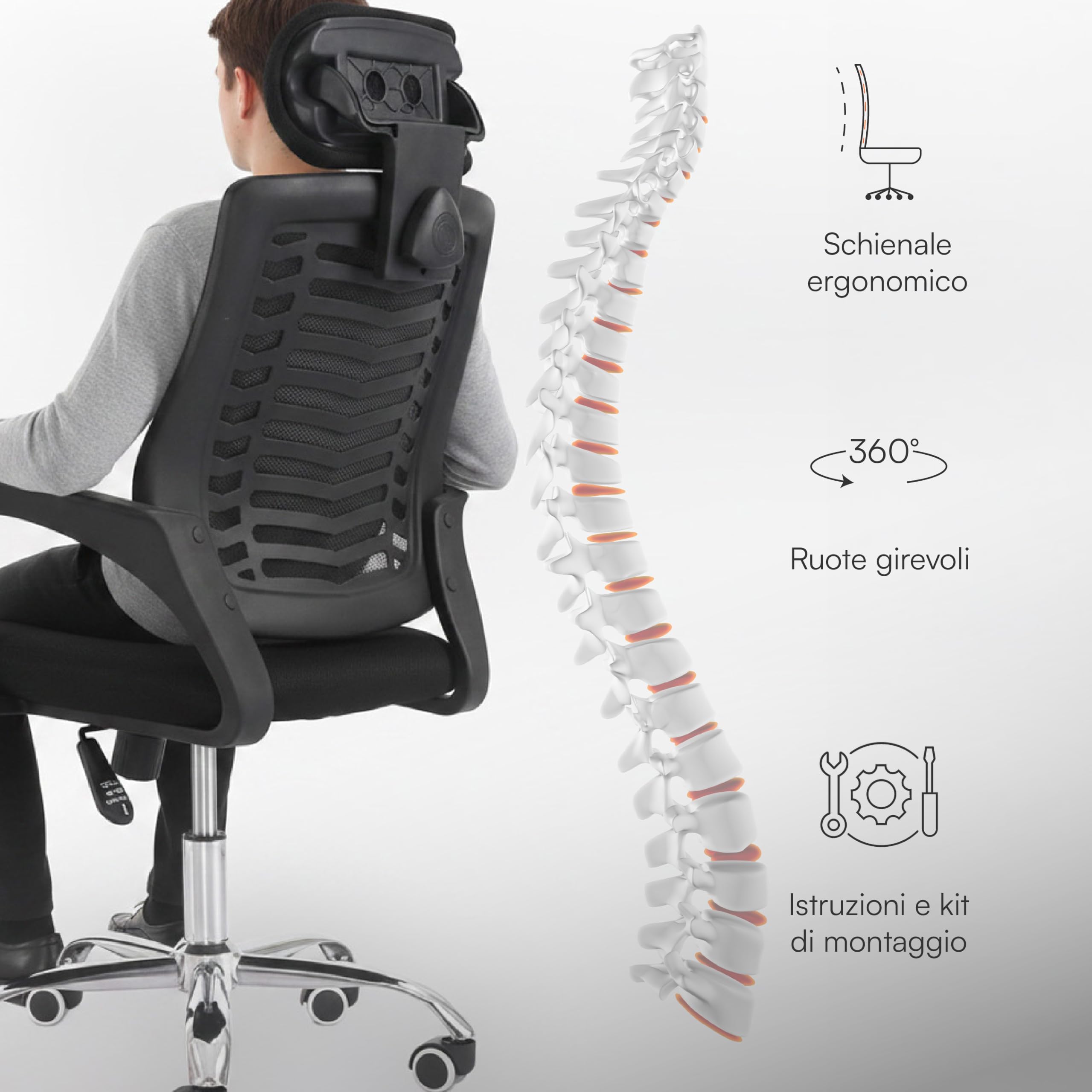 Baroni Home Sedia Ufficio Ergonomica Nera Braccioli Pieghevoli