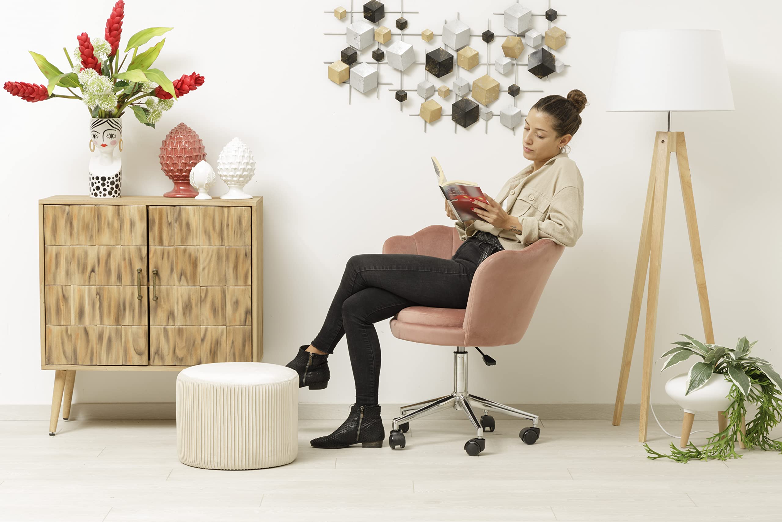 Baroni Home Poltrona Velluto Rosa Cipria con Ruote 69cm